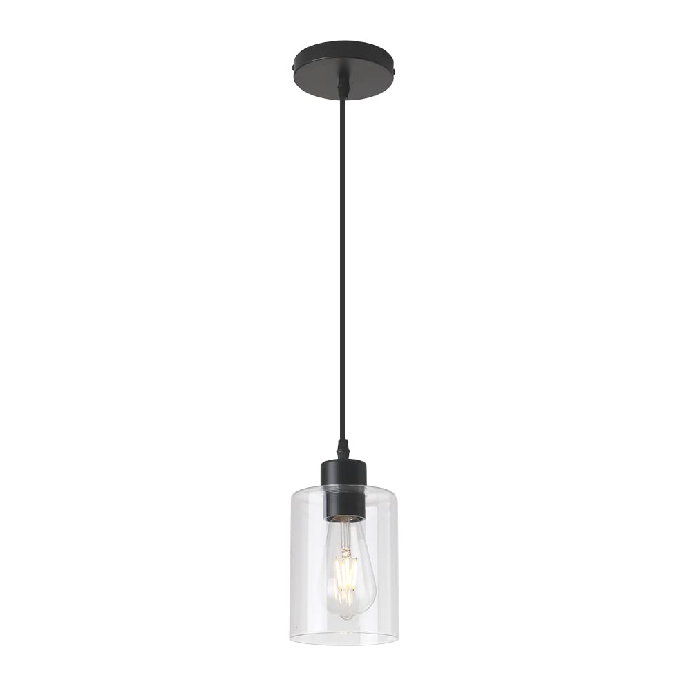 Modern Black Farmhouse Clear Glass Cylinder Pendant Light Fixture,Island Lights for Kitchen,Mini Pendant Lighting for Kitchen Island Decor - 4.75 Inch Shade 58 Inch Cord (Black 2 Pack)