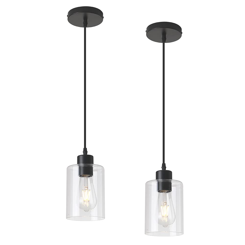 Modern Black Farmhouse Clear Glass Cylinder Pendant Light Fixture,Island Lights for Kitchen,Mini Pendant Lighting for Kitchen Island Decor - 4.75 Inch Shade 58 Inch Cord (Black 2 Pack)