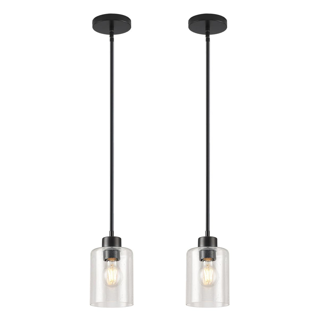 Modern Black Farmhouse Clear Glass Cylinder Pendant Light Fixture,Island Lights for Kitchen,Mini Pendant Lighting for Kitchen Island Decor - 4.75 Inch Shade 58 Inch Cord (Black 2 Pack)