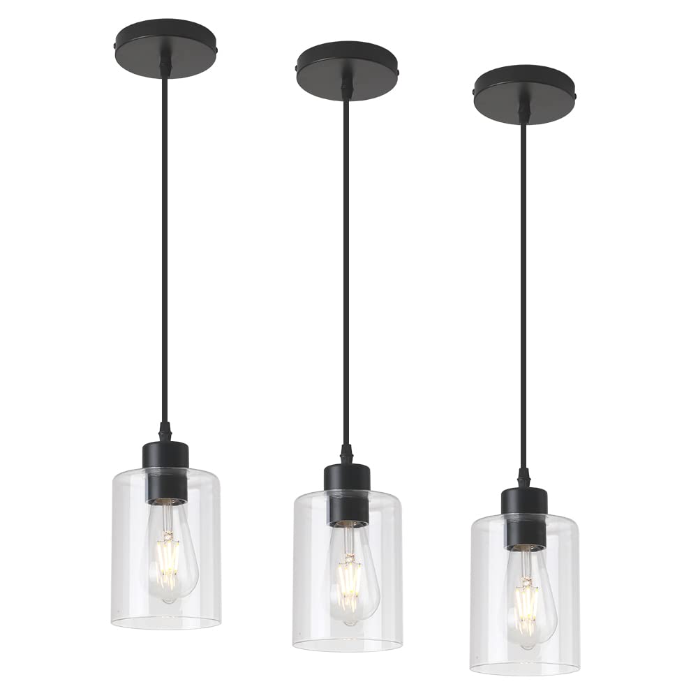 Modern Black Farmhouse Clear Glass Cylinder Pendant Light Fixture,Island Lights for Kitchen,Mini Pendant Lighting for Kitchen Island Decor - 4.75 Inch Shade 58 Inch Cord (Black 2 Pack)