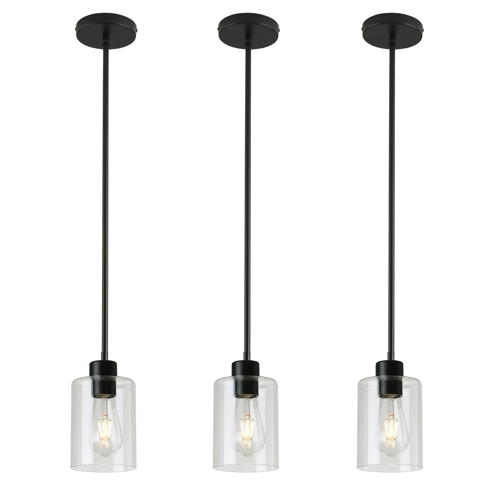 Modern Black Farmhouse Clear Glass Cylinder Pendant Light Fixture,Island Lights for Kitchen,Mini Pendant Lighting for Kitchen Island Decor - 4.75 Inch Shade 58 Inch Cord (Black 2 Pack)