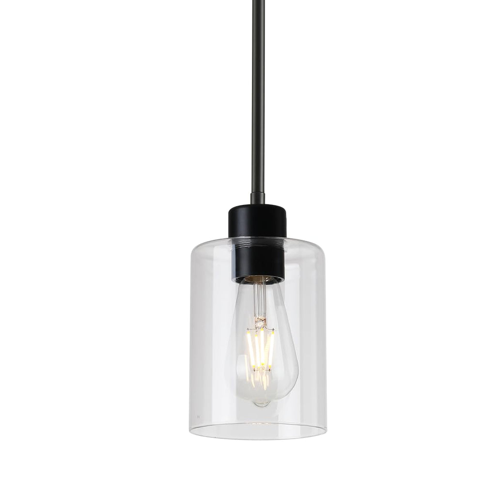 Modern Black Farmhouse Clear Glass Cylinder Pendant Light Fixture,Island Lights for Kitchen,Mini Pendant Lighting for Kitchen Island Decor - 4.75 Inch Shade 58 Inch Cord (Black 2 Pack)