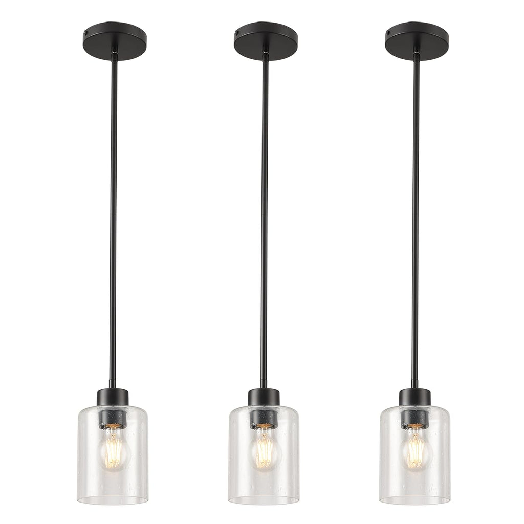 Modern Black Farmhouse Clear Glass Cylinder Pendant Light Fixture,Island Lights for Kitchen,Mini Pendant Lighting for Kitchen Island Decor - 4.75 Inch Shade 58 Inch Cord (Black 2 Pack)
