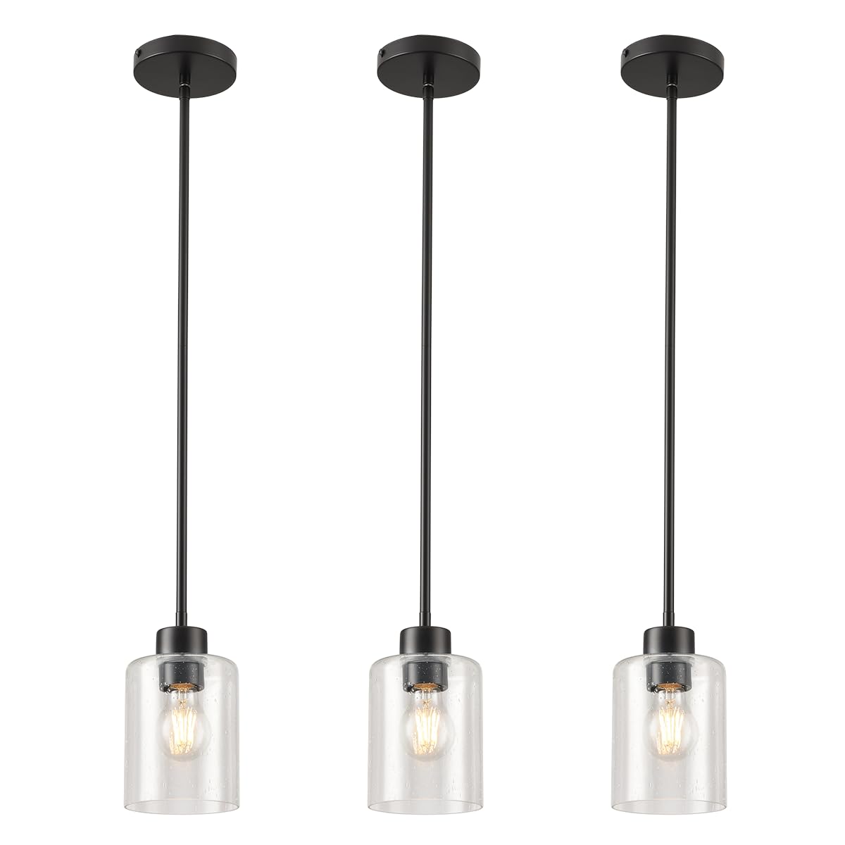 Modern Black Farmhouse Clear Glass Cylinder Pendant Light Fixture,Island Lights for Kitchen,Mini Pendant Lighting for Kitchen Island Decor - 4.75 Inch Shade 58 Inch Cord (Black 2 Pack)