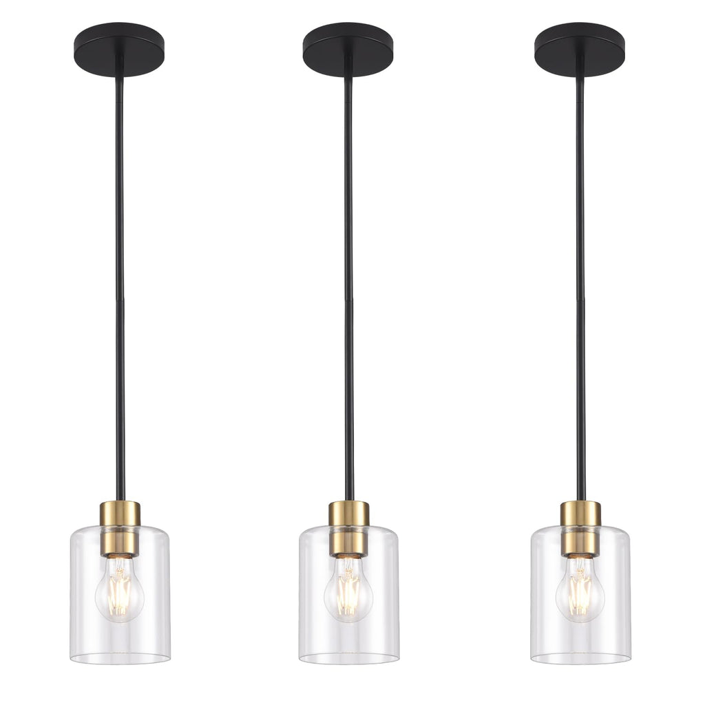 Modern Black Farmhouse Clear Glass Cylinder Pendant Light Fixture,Island Lights for Kitchen,Mini Pendant Lighting for Kitchen Island Decor - 4.75 Inch Shade 58 Inch Cord (Black 2 Pack)