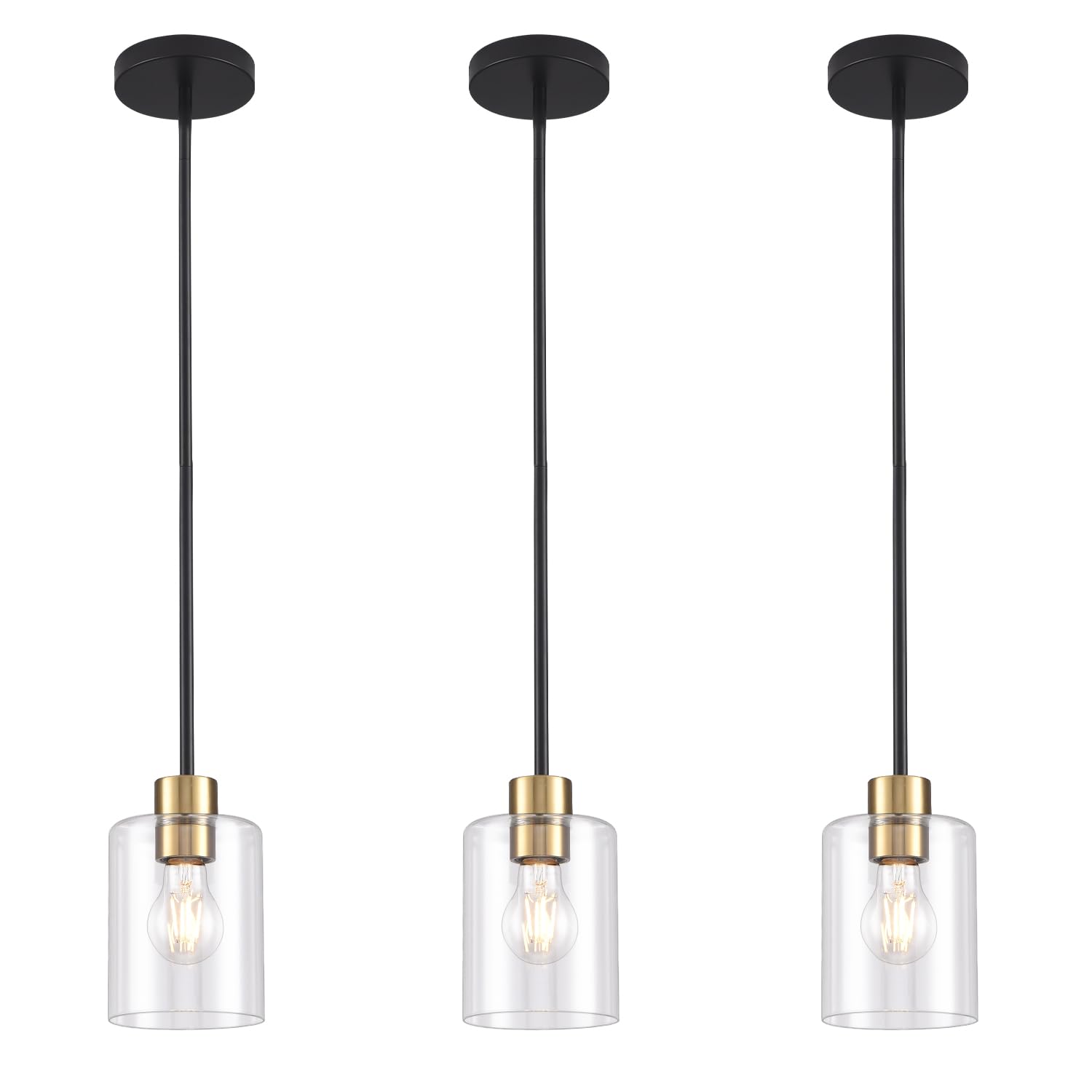 Modern Black Farmhouse Clear Glass Cylinder Pendant Light Fixture,Island Lights for Kitchen,Mini Pendant Lighting for Kitchen Island Decor - 4.75 Inch Shade 58 Inch Cord (Black 2 Pack)