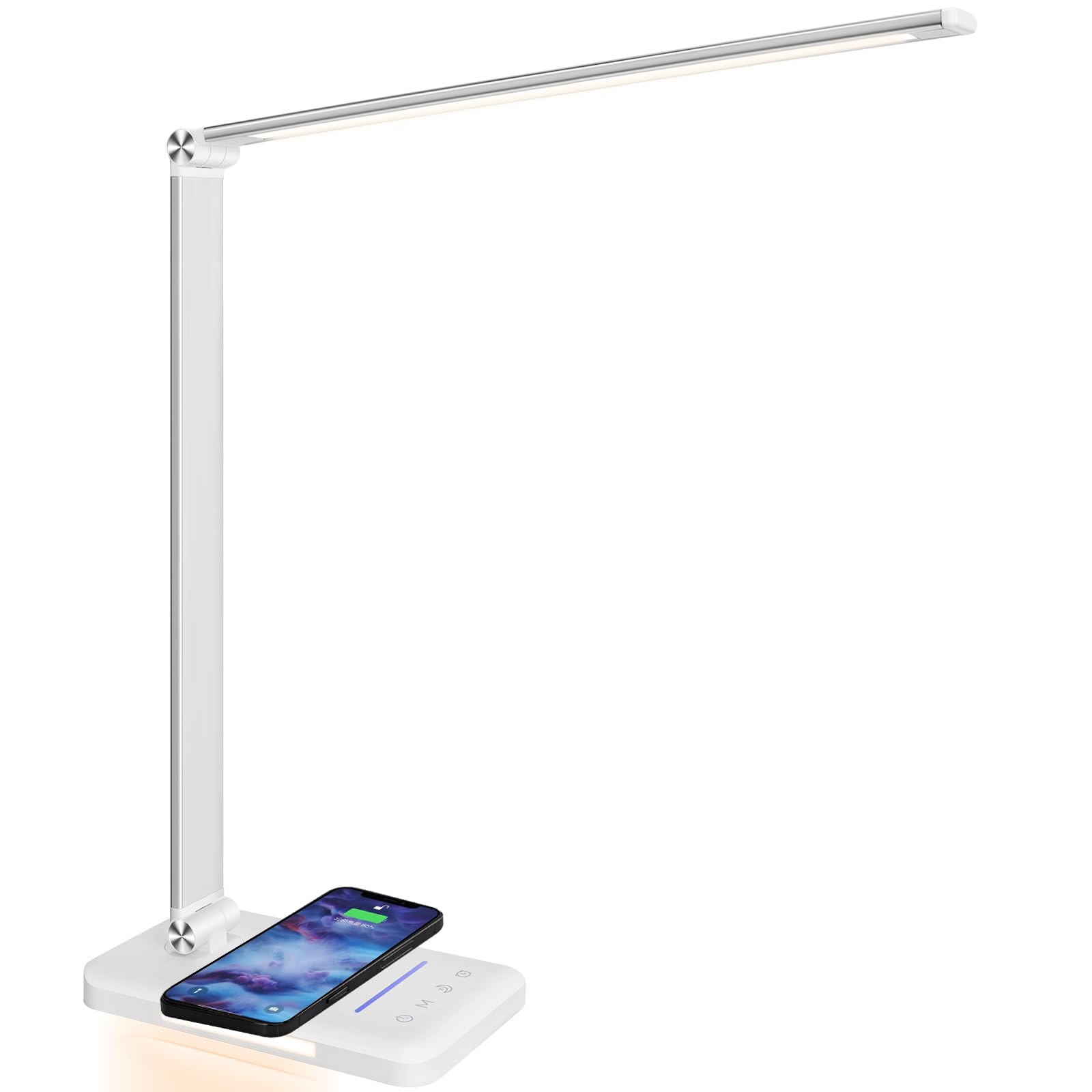 LED Desk Lamp with Wireless Charger, USB Charging Port, Desk Light with 10 Brightness, 5 Color Modes, Dimmable Eye Caring Reading Desk Lamps for Home Office, Touch Control, Auto Timer, White