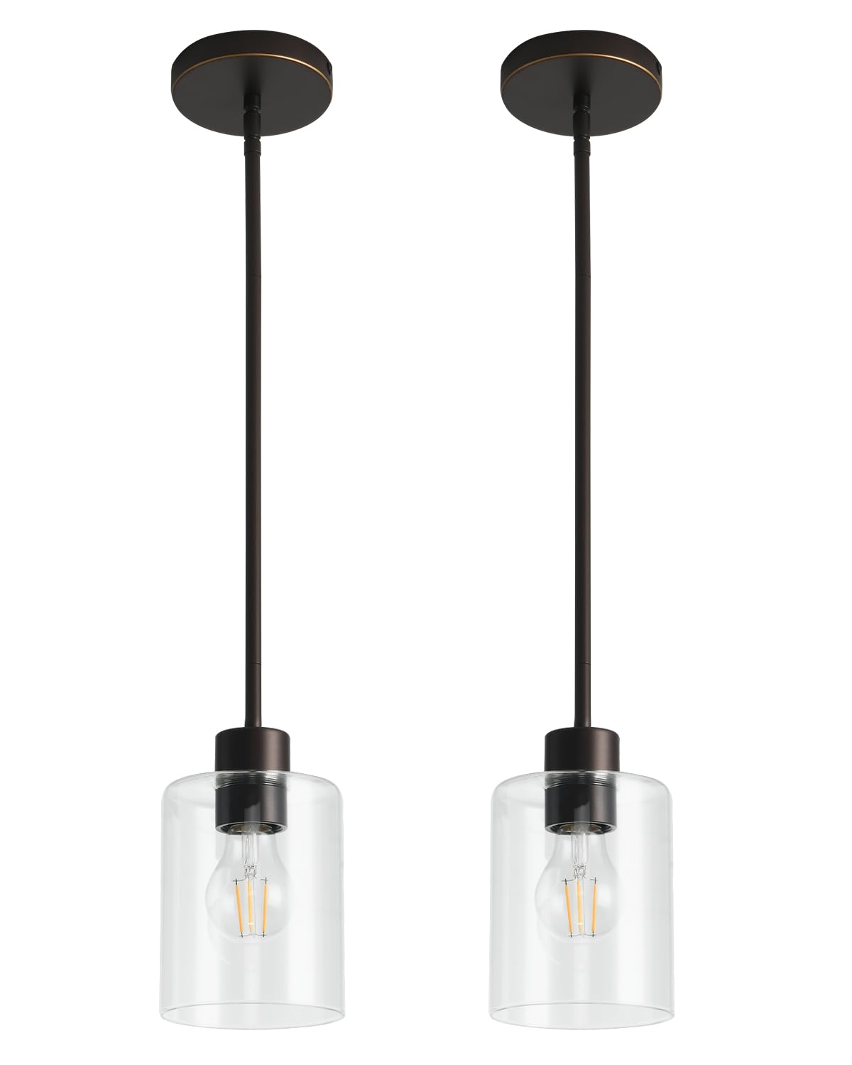 Modern Black Farmhouse Clear Glass Cylinder Pendant Light Fixture,Island Lights for Kitchen,Mini Pendant Lighting for Kitchen Island Decor - 4.75 Inch Shade 58 Inch Cord (Black 2 Pack)