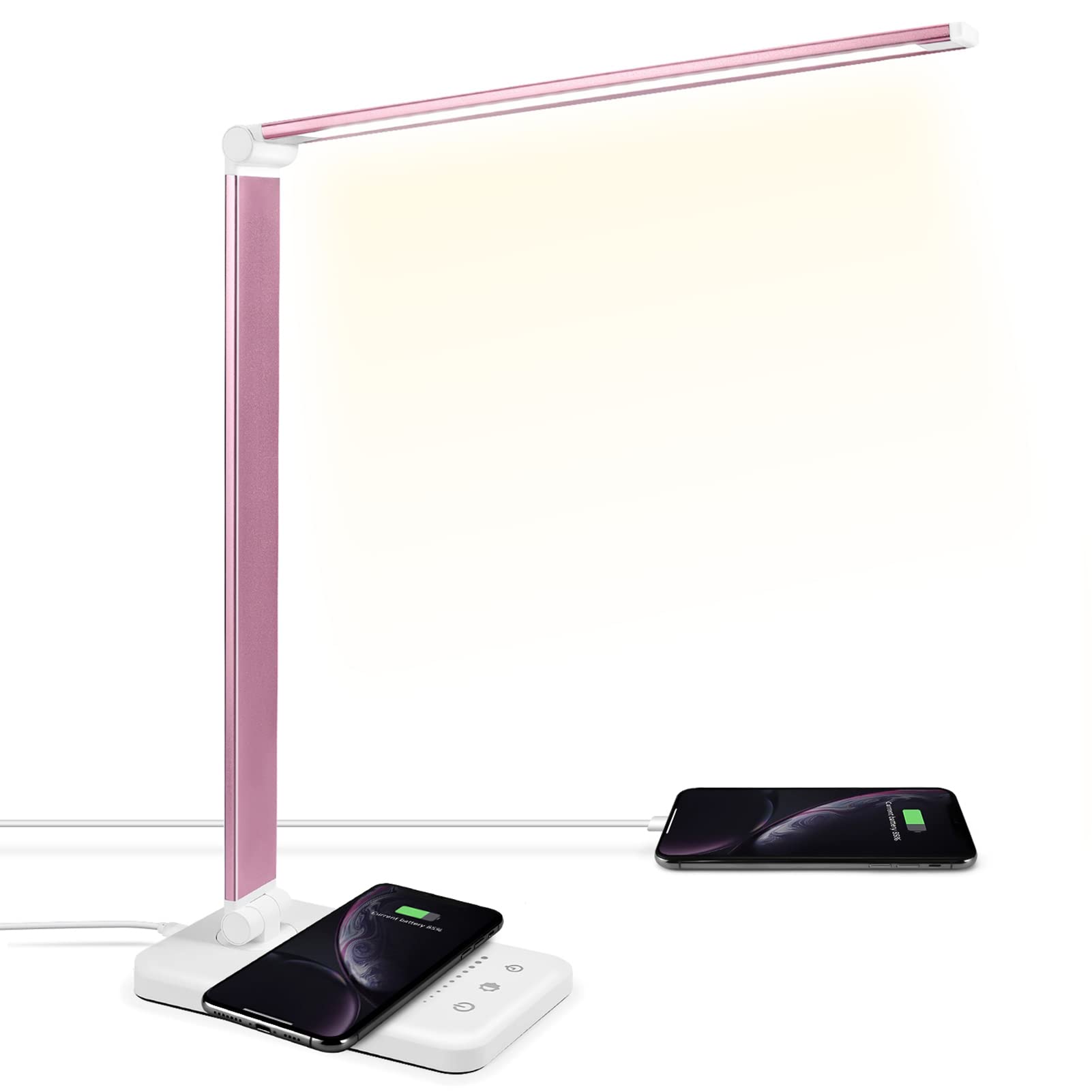 LED Desk Lamp with Wireless Charger, USB Charging Port, Desk Light with 10 Brightness, 5 Color Modes, Dimmable Eye Caring Reading Desk Lamps for Home Office, Touch Control, Auto Timer, White