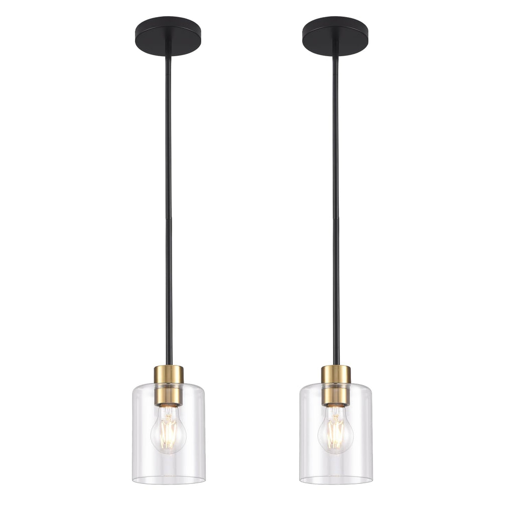 Modern Black Farmhouse Clear Glass Cylinder Pendant Light Fixture,Island Lights for Kitchen,Mini Pendant Lighting for Kitchen Island Decor - 4.75 Inch Shade 58 Inch Cord (Black 2 Pack)