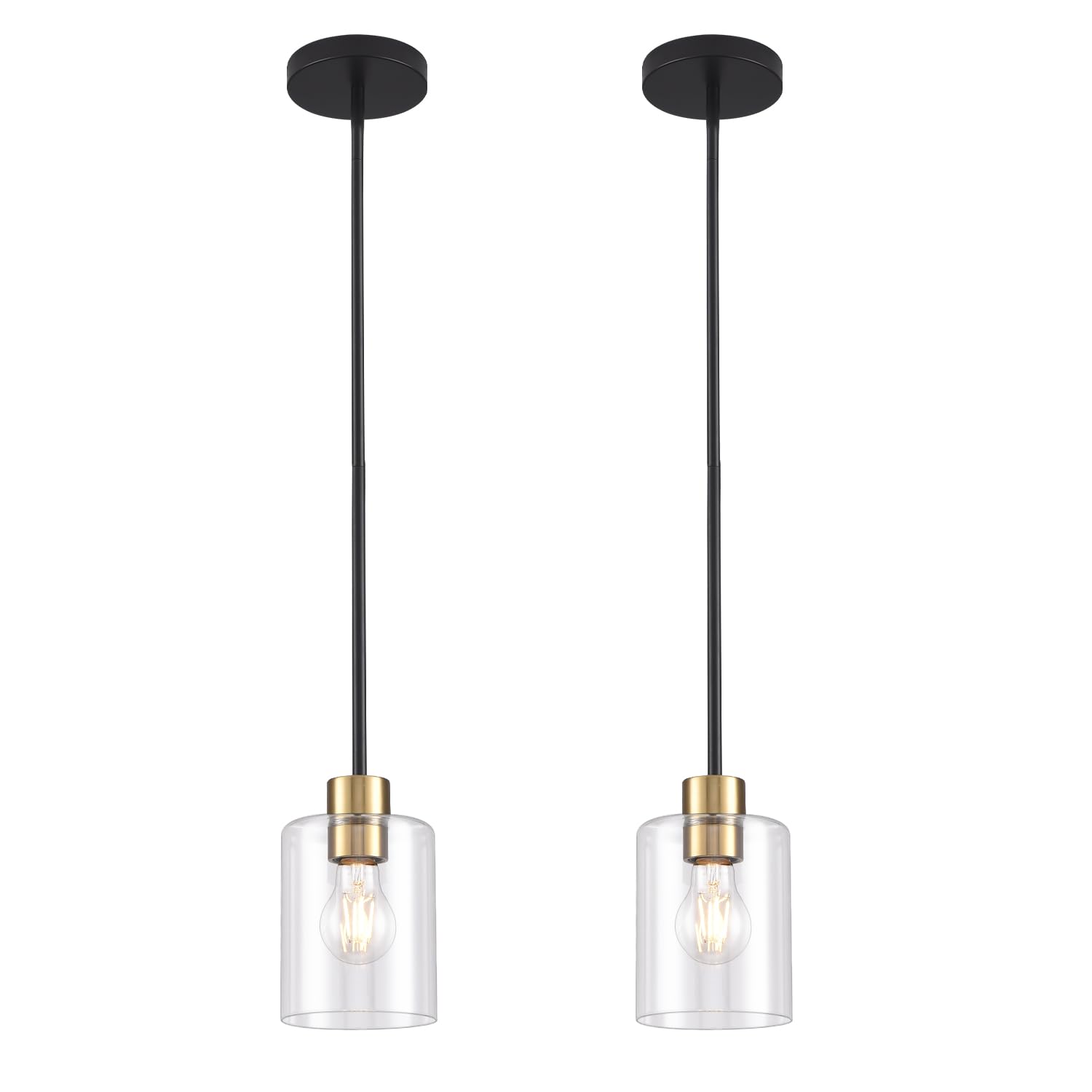 Modern Black Farmhouse Clear Glass Cylinder Pendant Light Fixture,Island Lights for Kitchen,Mini Pendant Lighting for Kitchen Island Decor - 4.75 Inch Shade 58 Inch Cord (Black 2 Pack)