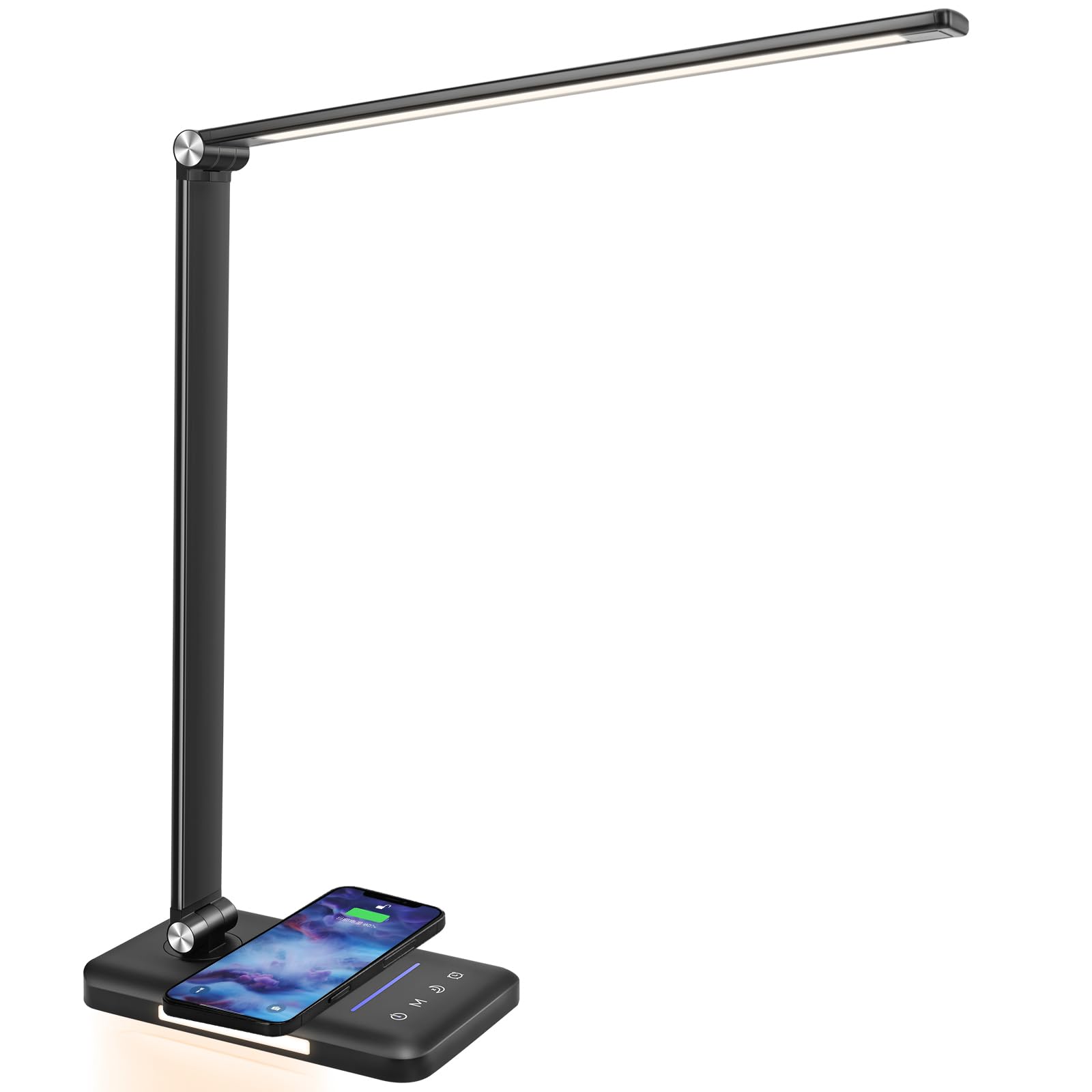 LED Desk Lamp with Wireless Charger, USB Charging Port, Desk Light with 10 Brightness, 5 Color Modes, Dimmable Eye Caring Reading Desk Lamps for Home Office, Touch Control, Auto Timer, White
