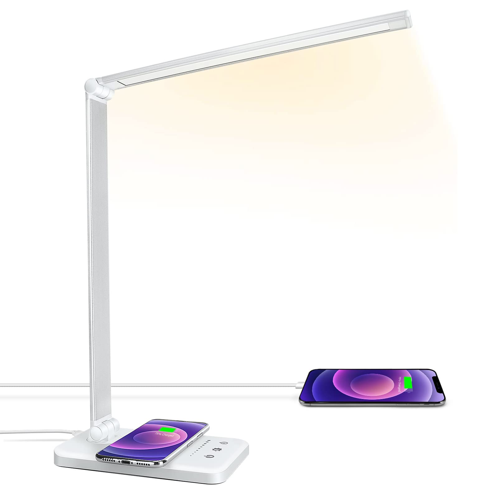 LED Desk Lamp with Wireless Charger, USB Charging Port, Desk Light with 10 Brightness, 5 Color Modes, Dimmable Eye Caring Reading Desk Lamps for Home Office, Touch Control, Auto Timer, White