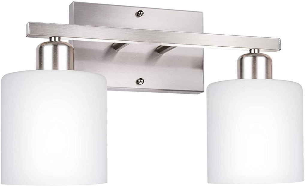 Bathroom Light Fixtures Over Mirror Brushed Nickel, Rustproof 3-Light Bathroom Vanity Lights, 18 Inches Modern Wall Sconces E26 Base, Milky White Glass Shades, Bulbs Not Included