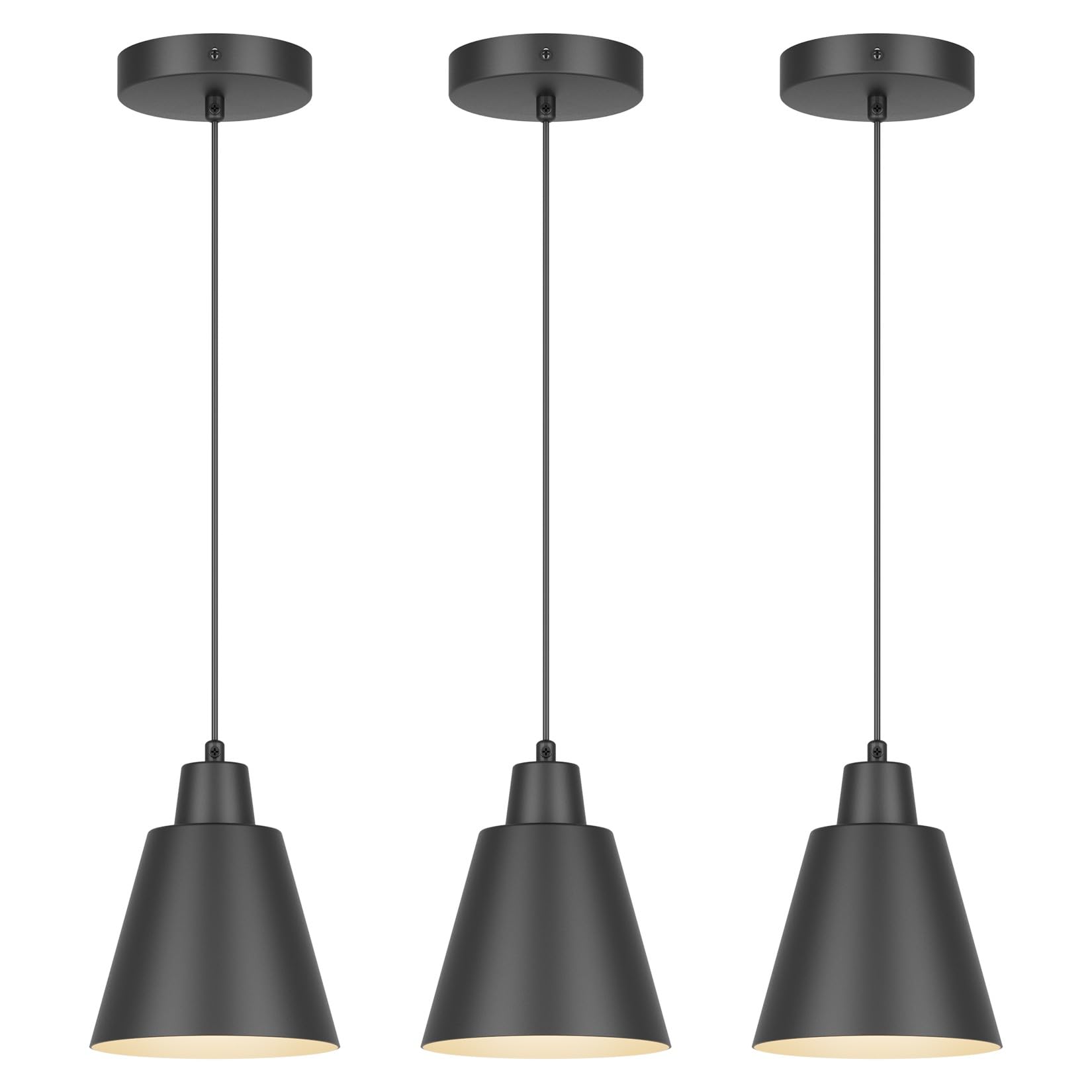 Industrial Pendant Lights, Black Pendant Light Fixtures, Vintage Kitchen Island Light with Black Metal Shade, Farmhouse Pendant Lights for Dinning Table Bedroom Bar - Black, 3 Packs