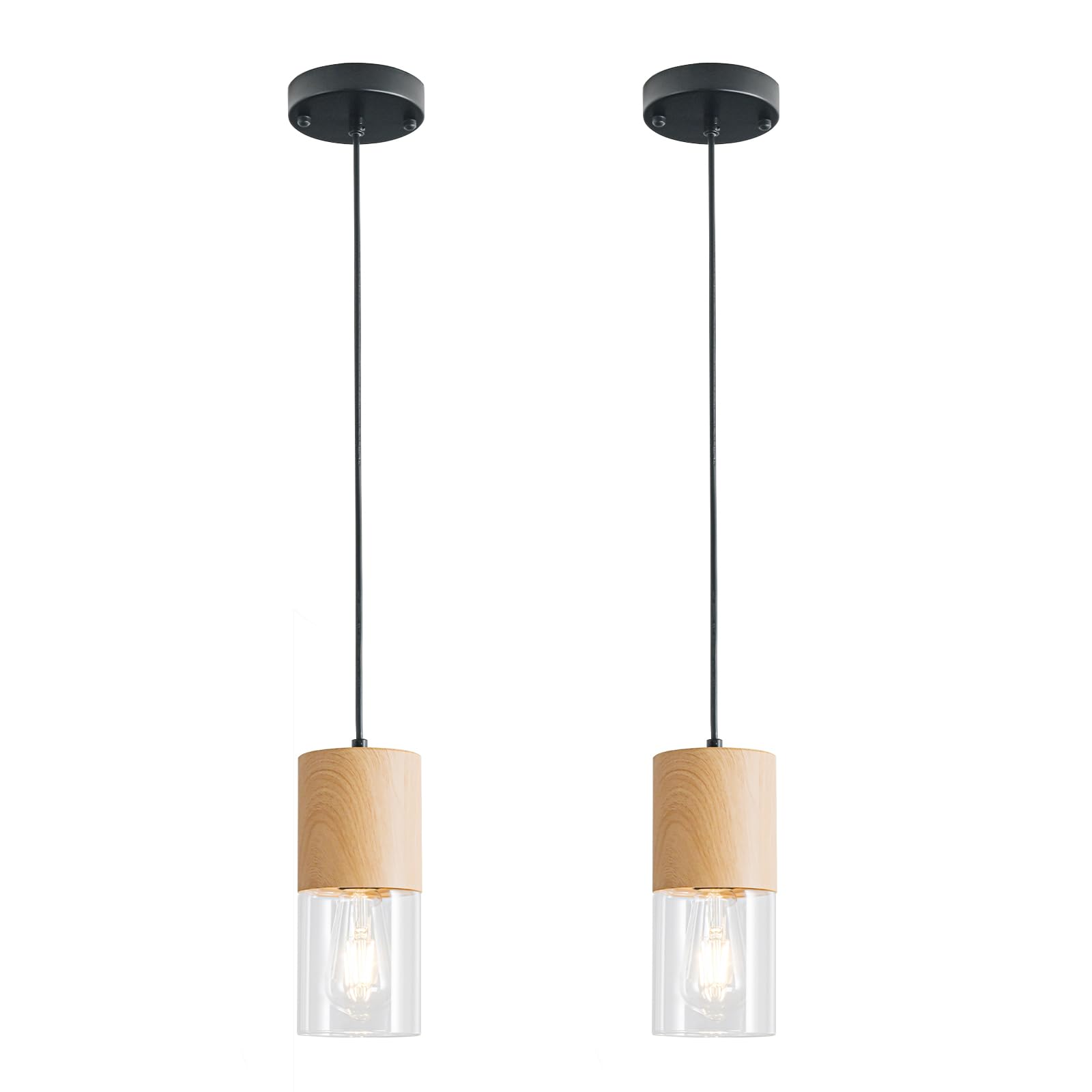 2-Pack Black Pendant Light Fixtures, Adjustable Modern Pendant Lights for Kitchen Island, Industrial Glass Pendant Lights for Dining Table Hallway Bedroom Living Room