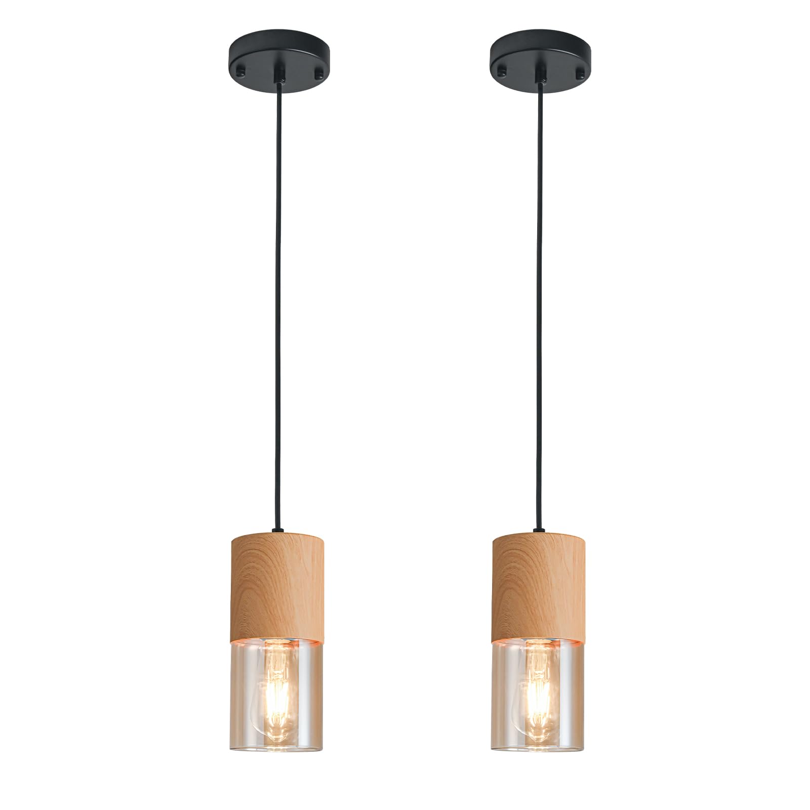 2-Pack Black Pendant Light Fixtures, Adjustable Modern Pendant Lights for Kitchen Island, Industrial Glass Pendant Lights for Dining Table Hallway Bedroom Living Room