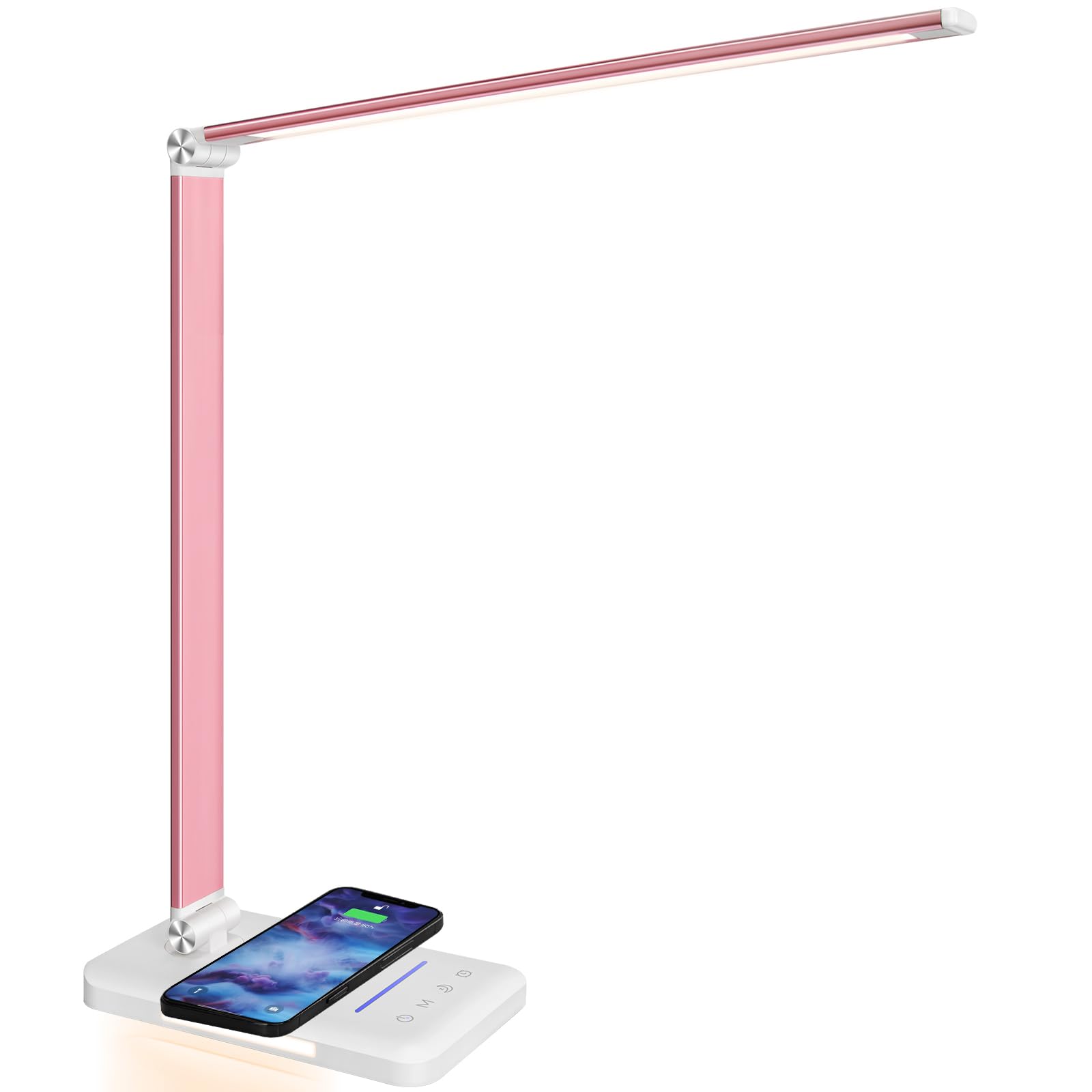 LED Desk Lamp with Wireless Charger, USB Charging Port, Desk Light with 10 Brightness, 5 Color Modes, Dimmable Eye Caring Reading Desk Lamps for Home Office, Touch Control, Auto Timer, White
