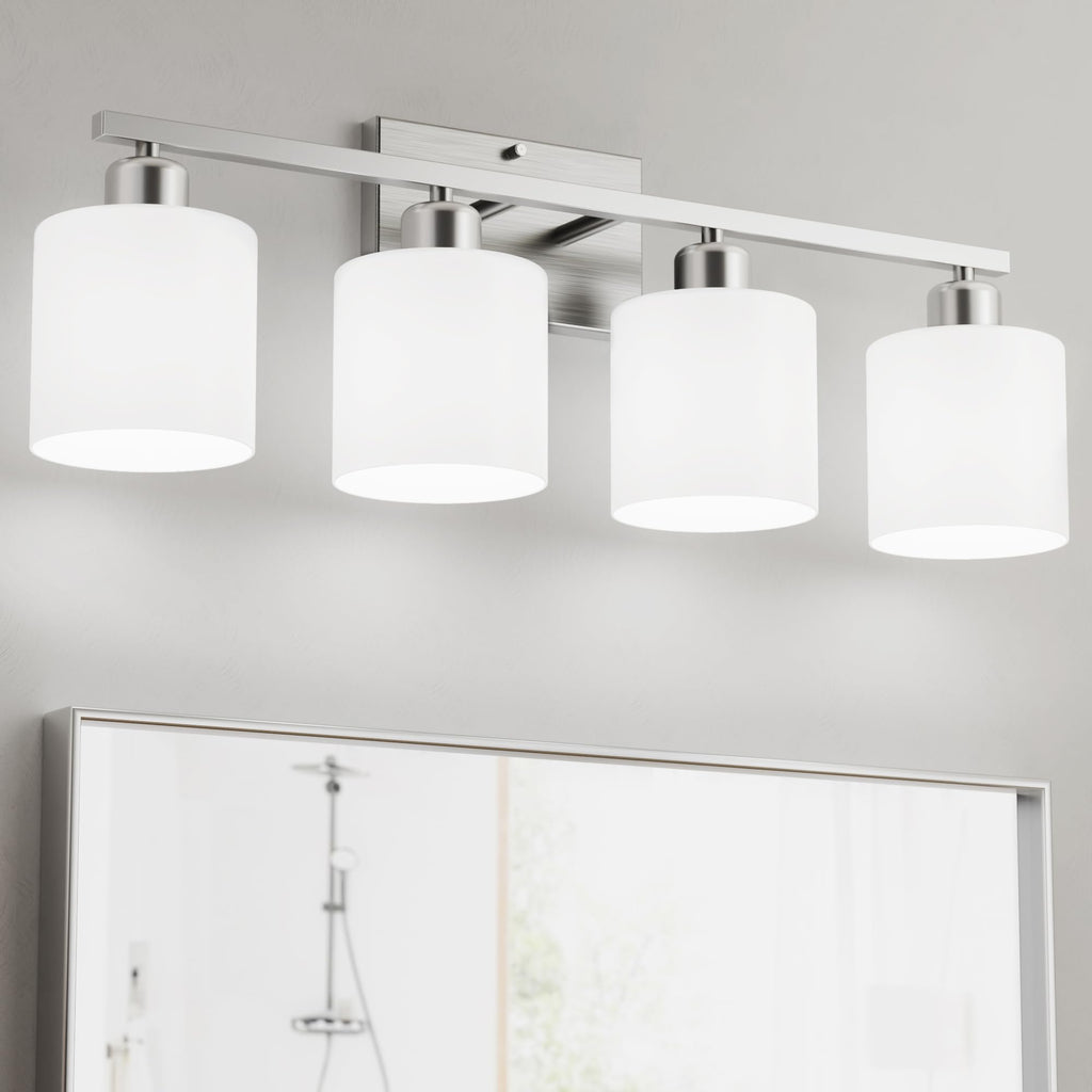 Bathroom Light Fixtures Over Mirror Brushed Nickel, Rustproof 3-Light Bathroom Vanity Lights, 18 Inches Modern Wall Sconces E26 Base, Milky White Glass Shades, Bulbs Not Included