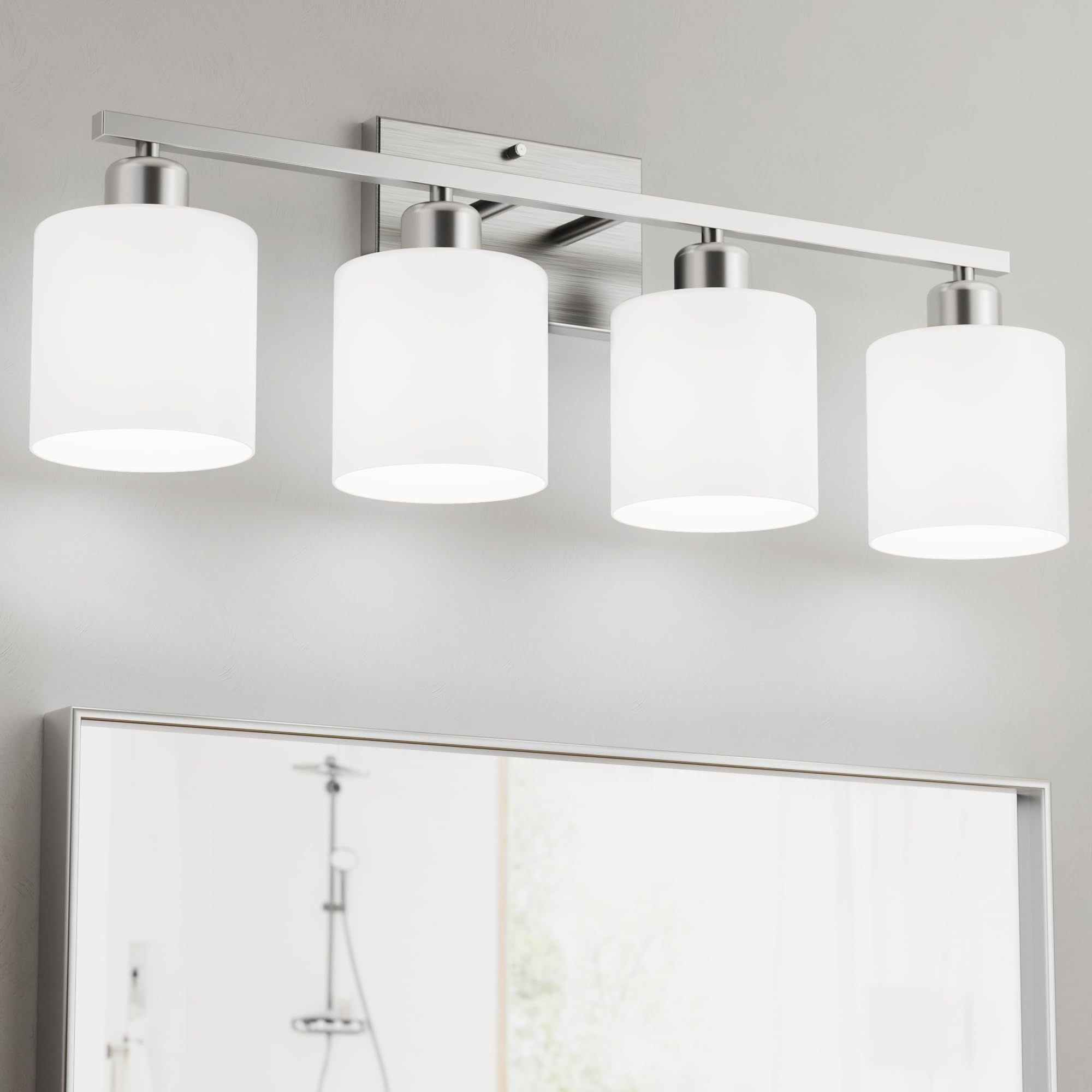 Bathroom Light Fixtures Over Mirror Brushed Nickel, Rustproof 3-Light Bathroom Vanity Lights, 18 Inches Modern Wall Sconces E26 Base, Milky White Glass Shades, Bulbs Not Included
