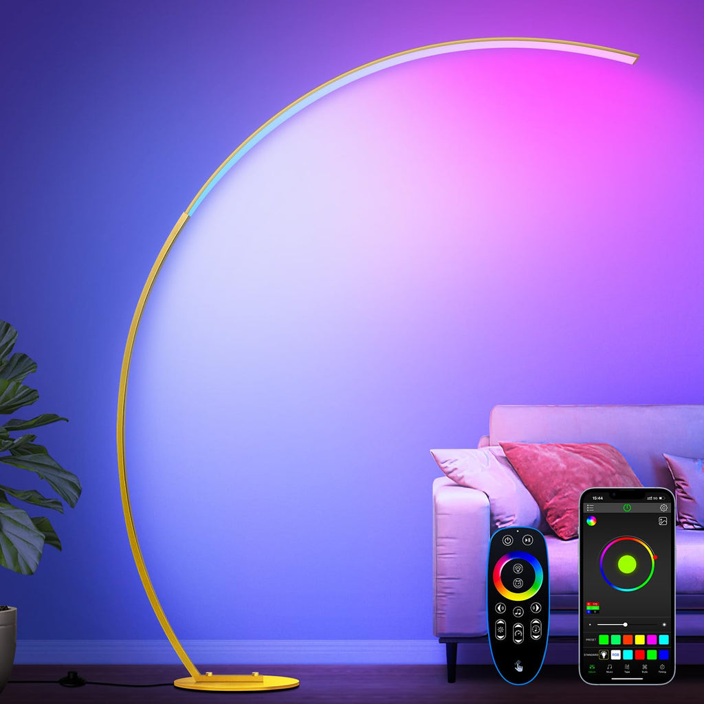 RGB Floor Lamp with 3 Color Temperatures, Ultra Bright 1800LM Smart Arc LED Floor Lamp with Remote Control, Music Sync, Scene Modes, Modern Standing Tall Lamp for Bedroom Living Room Gaming Rooms
