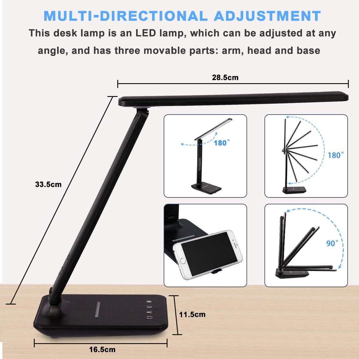 Dimmable LED Desk Lamp with Wireless & USB Charging, Clock Calendar Thermometer for Home Office