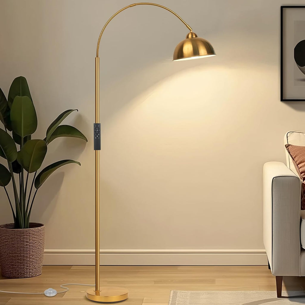 Modern Arc Floor Lamp with Remote Control 12W Stepless Dimmable Arched Standing Lamp, Adjustable Metal Hanging Shade, Tall Over the Couch Pole Light for Living Room, Bedroom, Office(Gold)