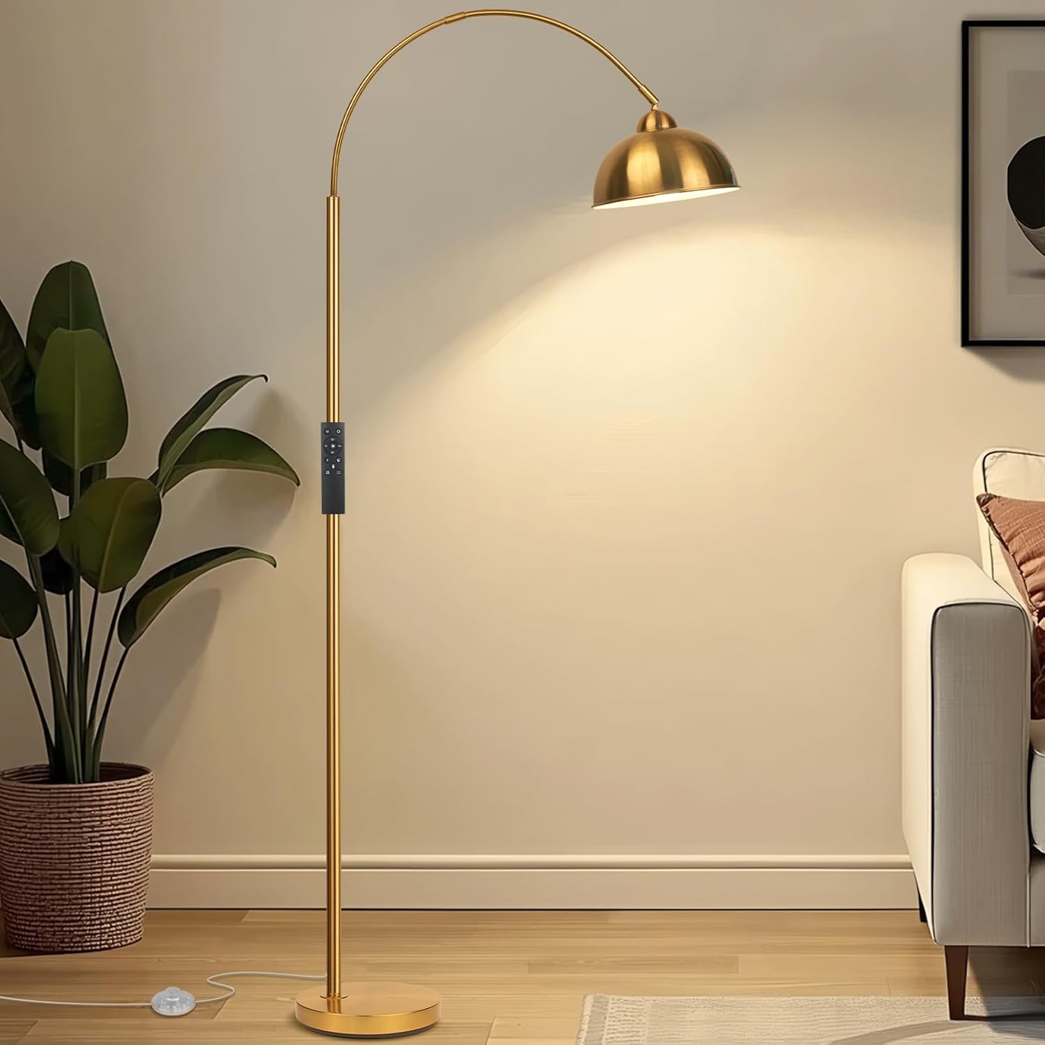 Modern Arc Floor Lamp with Remote Control 12W Stepless Dimmable Arched Standing Lamp, Adjustable Metal Hanging Shade, Tall Over the Couch Pole Light for Living Room, Bedroom, Office(Gold)