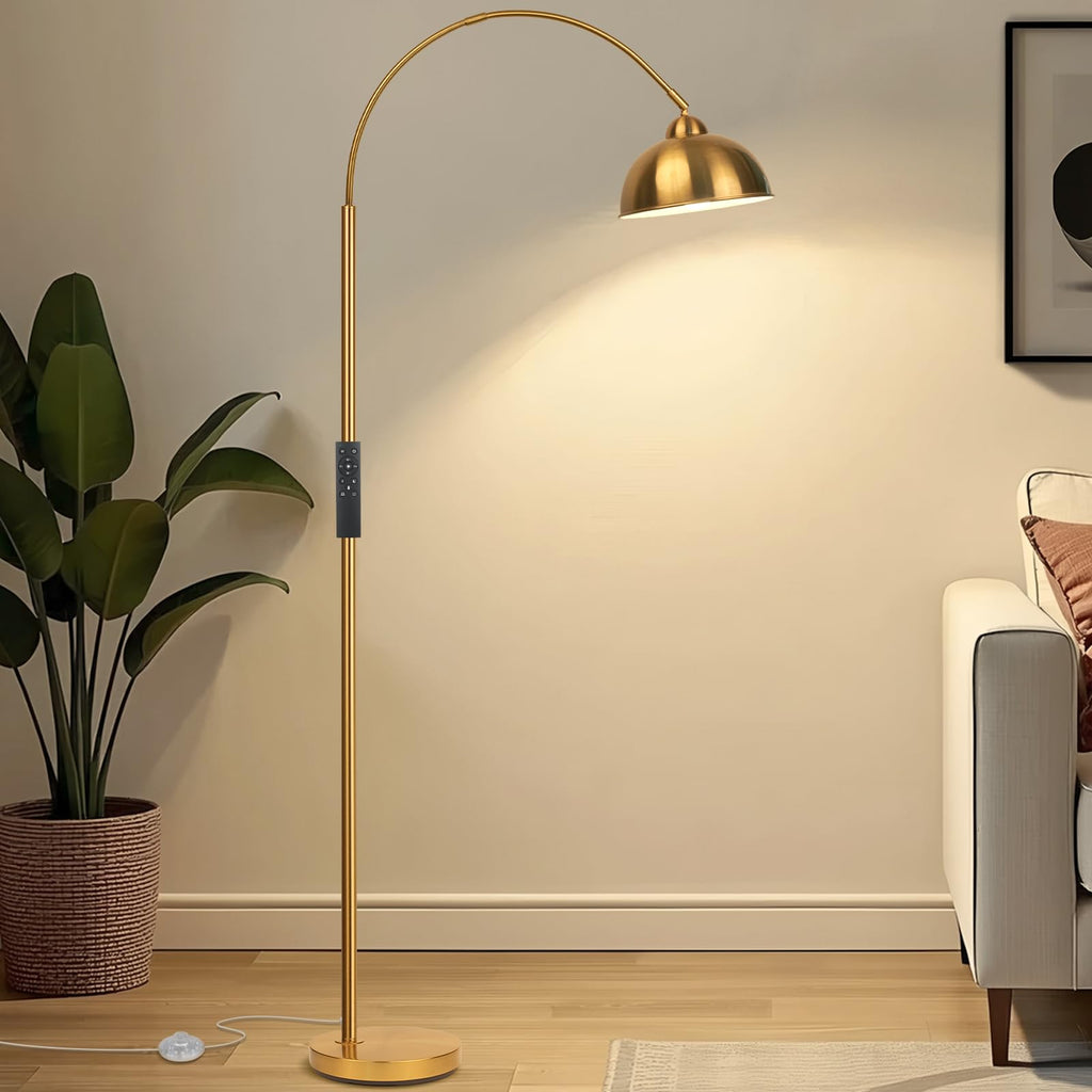 Modern Arc Floor Lamp with Remote Control 12W Stepless Dimmable Arched Standing Lamp, Adjustable Metal Hanging Shade, Tall Over the Couch Pole Light for Living Room, Bedroom, Office(Gold)