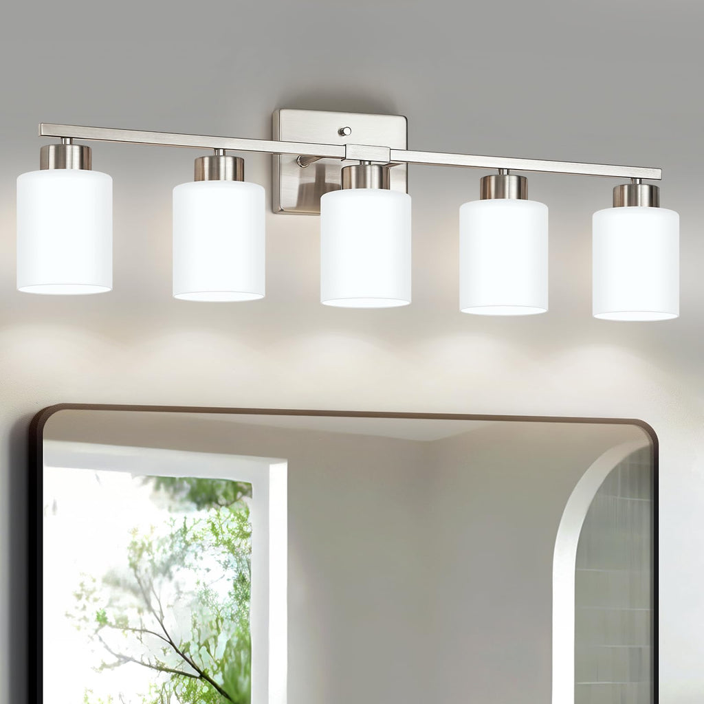FonmYim Brushed Nickel Bathroom Light Fixtures, 3-Light Modern Vanity Light Over Mirror, Wall Sconces with Milky White Frosted Glass Shades, E26 Socket (Bulbs Not Included)