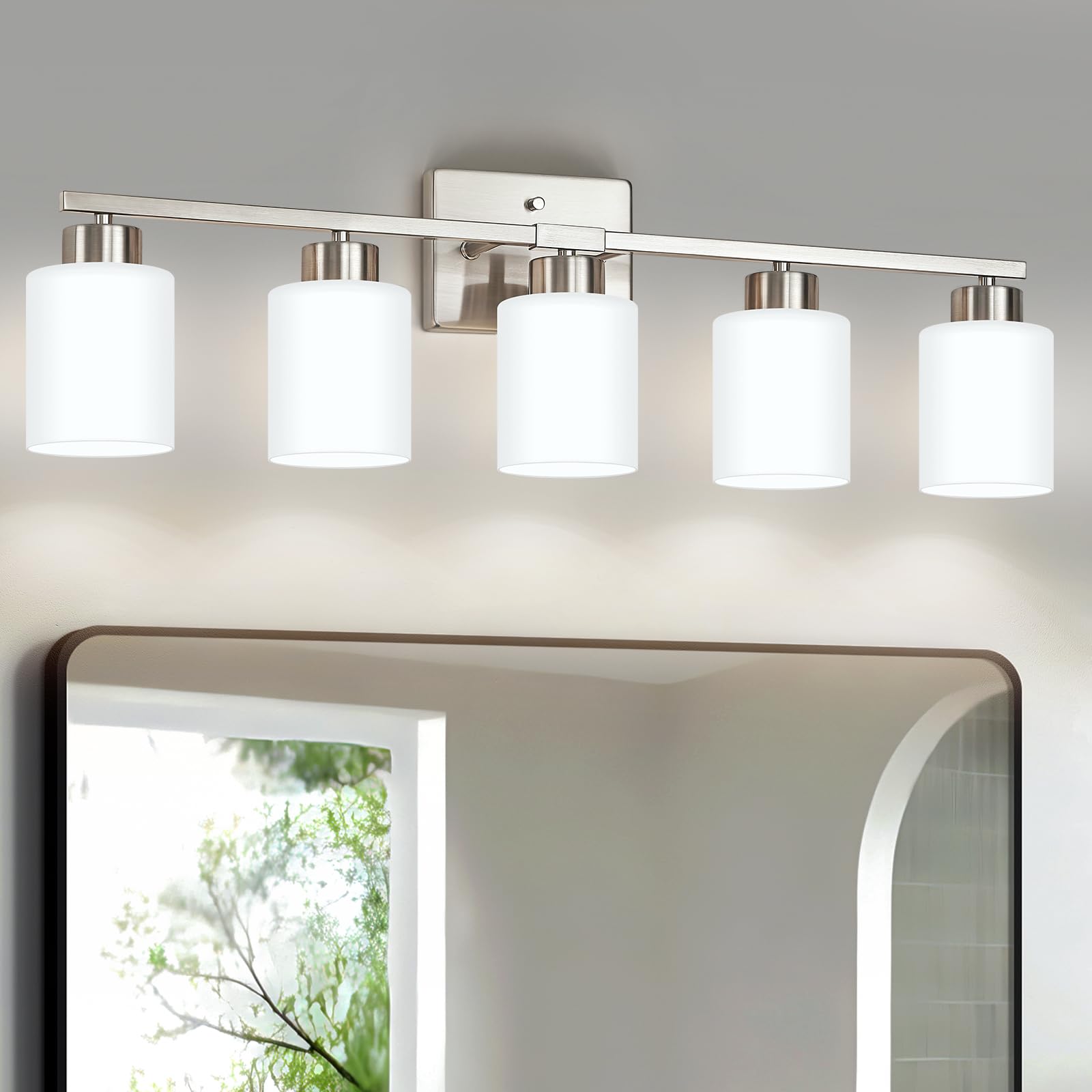FonmYim Brushed Nickel Bathroom Light Fixtures, 3-Light Modern Vanity Light Over Mirror, Wall Sconces with Milky White Frosted Glass Shades, E26 Socket (Bulbs Not Included)
