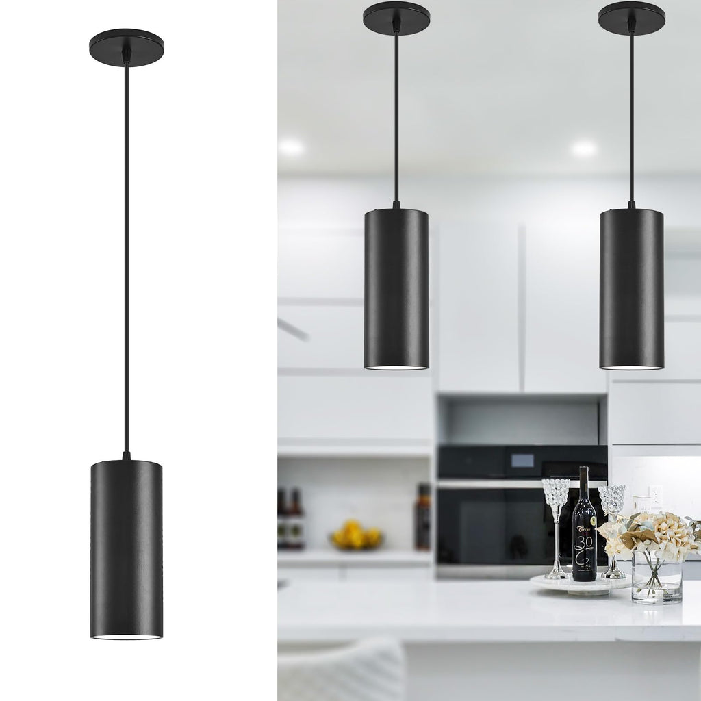 Black 4 Inch Cylinder LED Pendant Light with Dipswitch, 25W Island Hanging Lamp for Kitchen Bedroom