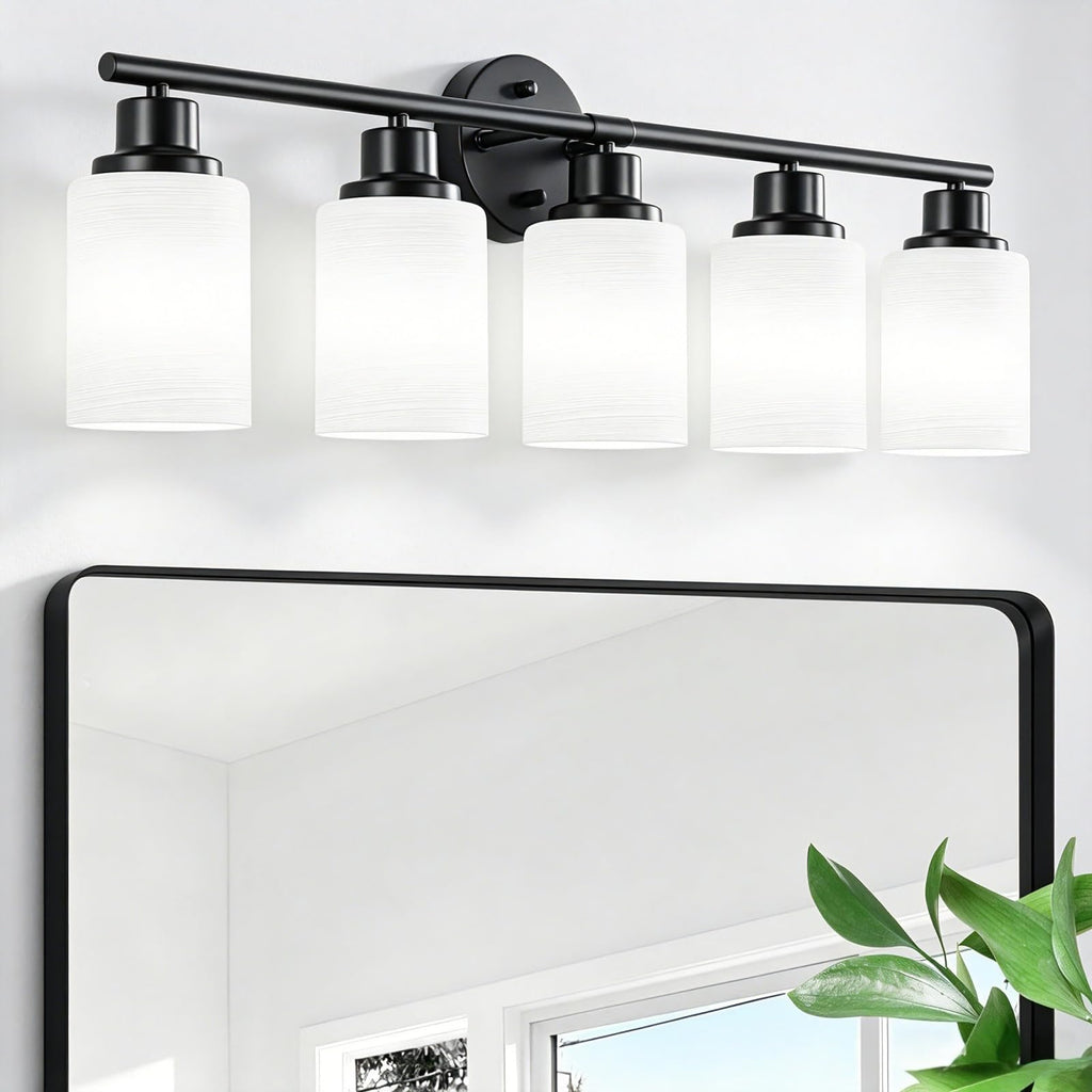 4-Light Brushed Nickel Vanity Lights for Mirror, Bathroom Light Fixtures with Textured Milky White Glass Shade, Modern Kitchen Light Fixtures Wall Sconce Light - E26 Base
