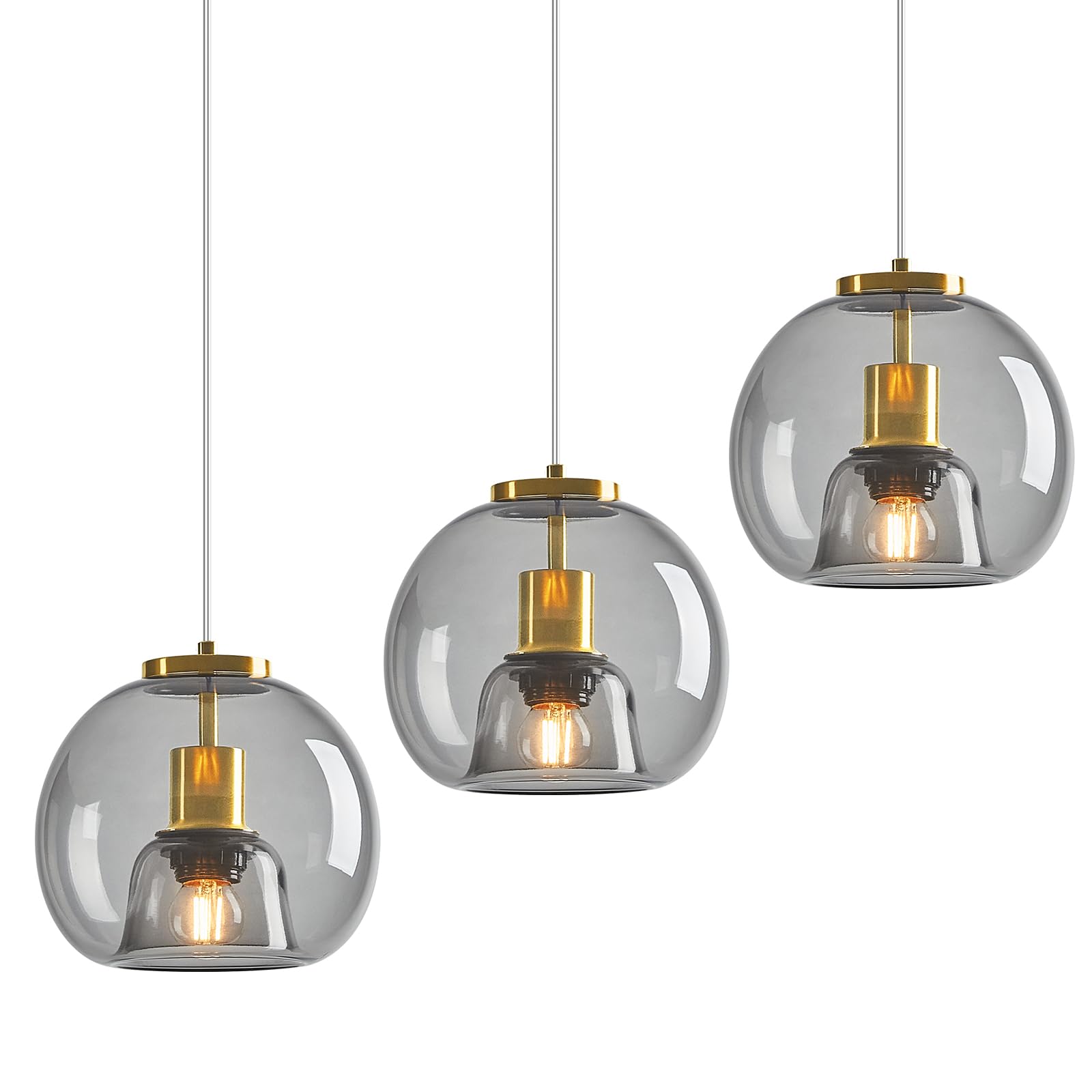 Mirror Smoke Gray Glass Pendant Lights Kitchen Island 2 Pack 7.87" Glass Globe Pendant Light Black Hanging Light Fixture Modern Pendant Lighting for Kitchen Island Bedroom Dining Room