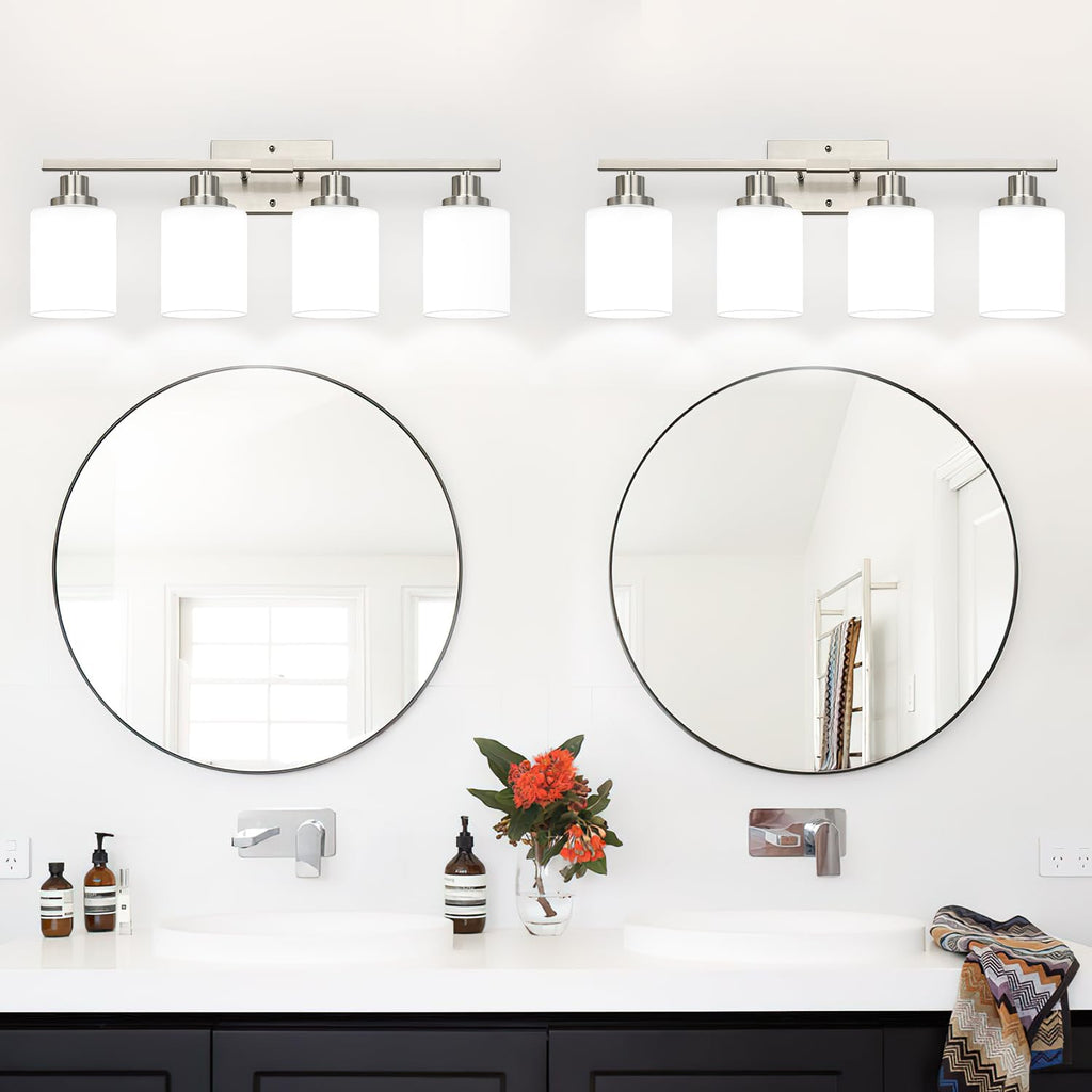 MOKATNG 4-Light Vanity Light with Milky White Shades, Brushed Nickel Bathroom Lighting Fixtures Over Mirror, Modern Bathroom Wall Lamp for Mirror Living Room Cabinet Bedroom