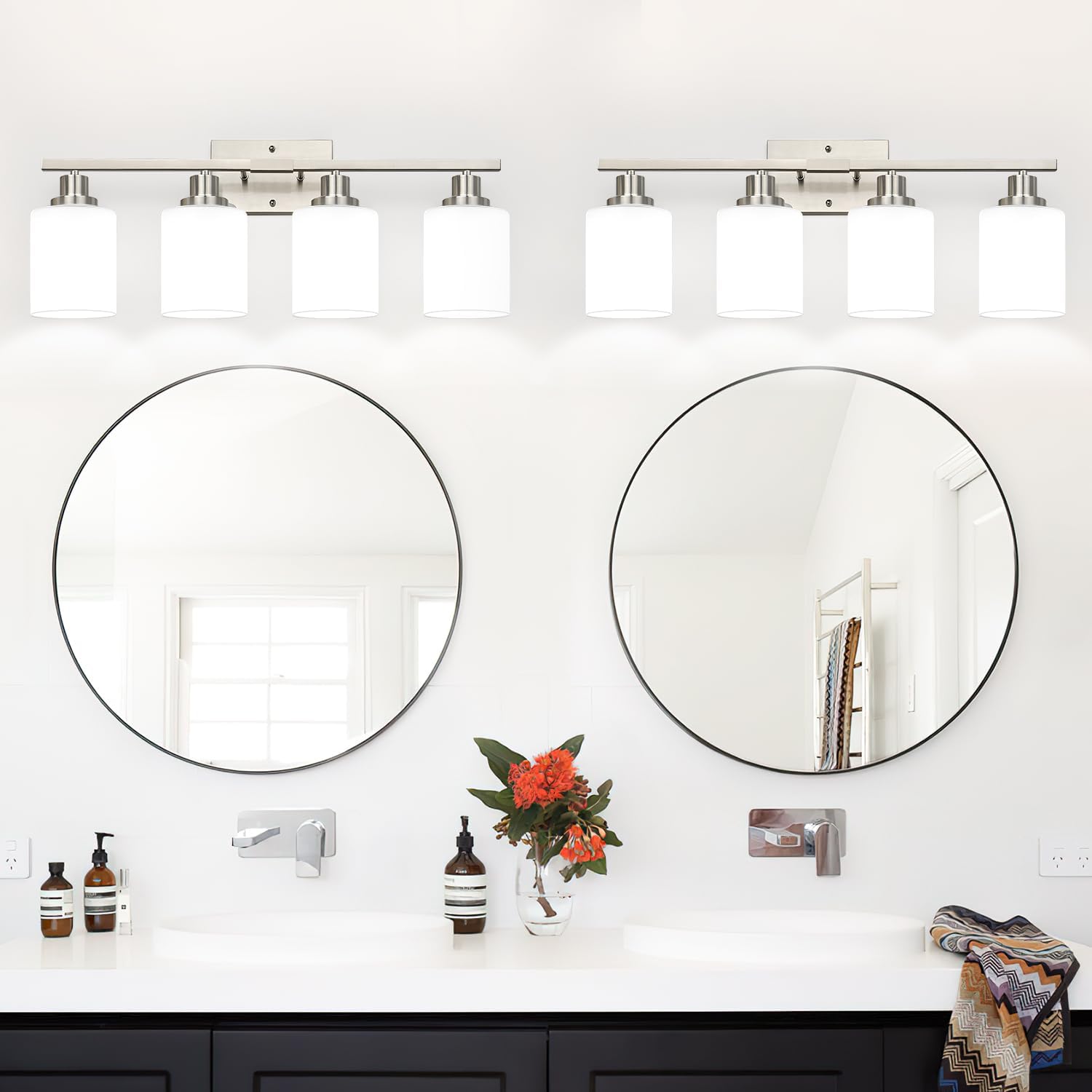 MOKATNG 4-Light Vanity Light with Milky White Shades, Brushed Nickel Bathroom Lighting Fixtures Over Mirror, Modern Bathroom Wall Lamp for Mirror Living Room Cabinet Bedroom