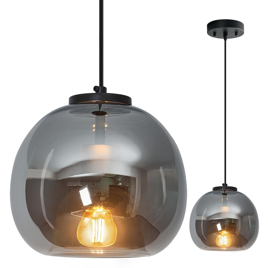 Mirror Smoke Gray Glass Pendant Lights Kitchen Island 2 Pack 7.87" Glass Globe Pendant Light Black Hanging Light Fixture Modern Pendant Lighting for Kitchen Island Bedroom Dining Room