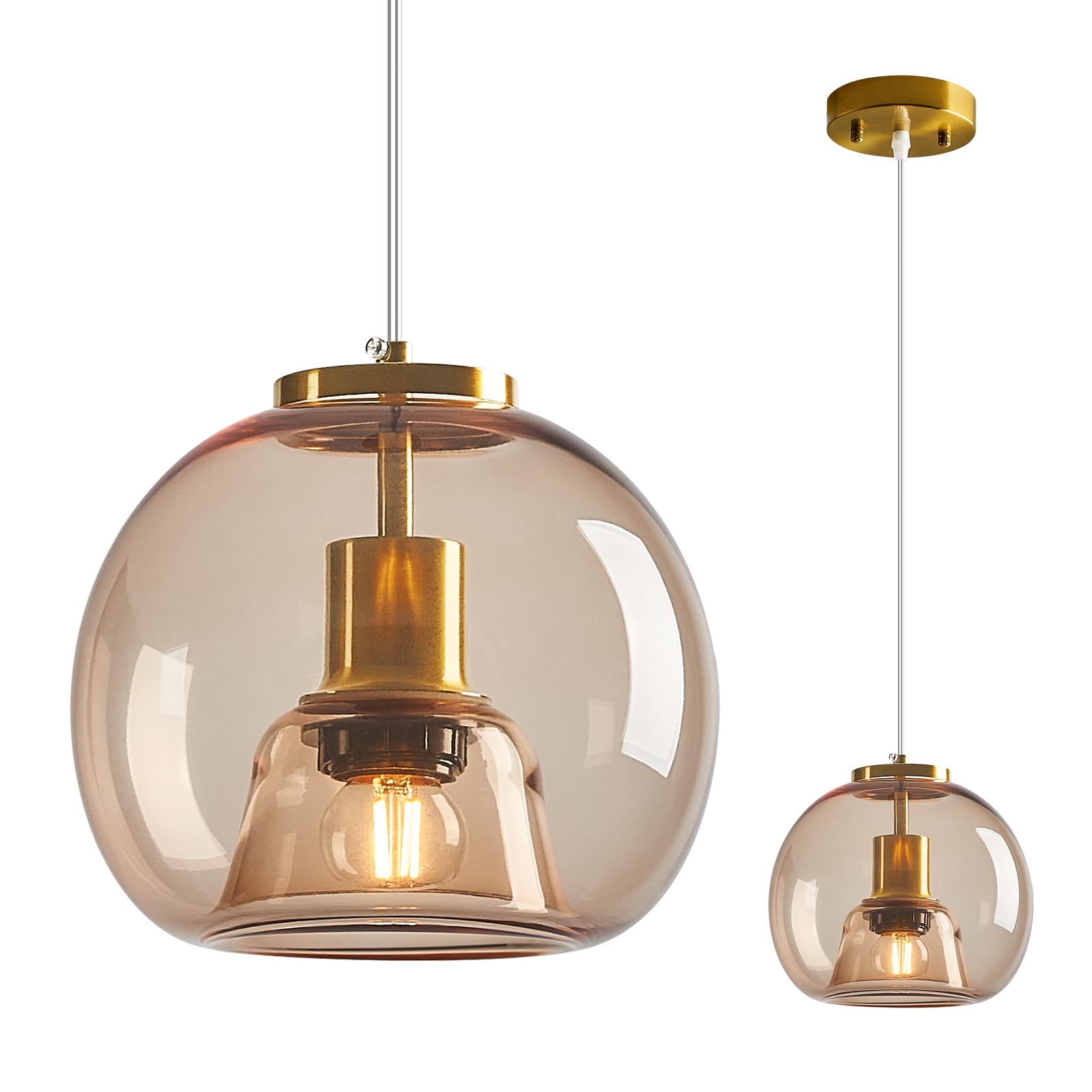 Mirror Smoke Gray Glass Pendant Lights Kitchen Island 2 Pack 7.87" Glass Globe Pendant Light Black Hanging Light Fixture Modern Pendant Lighting for Kitchen Island Bedroom Dining Room
