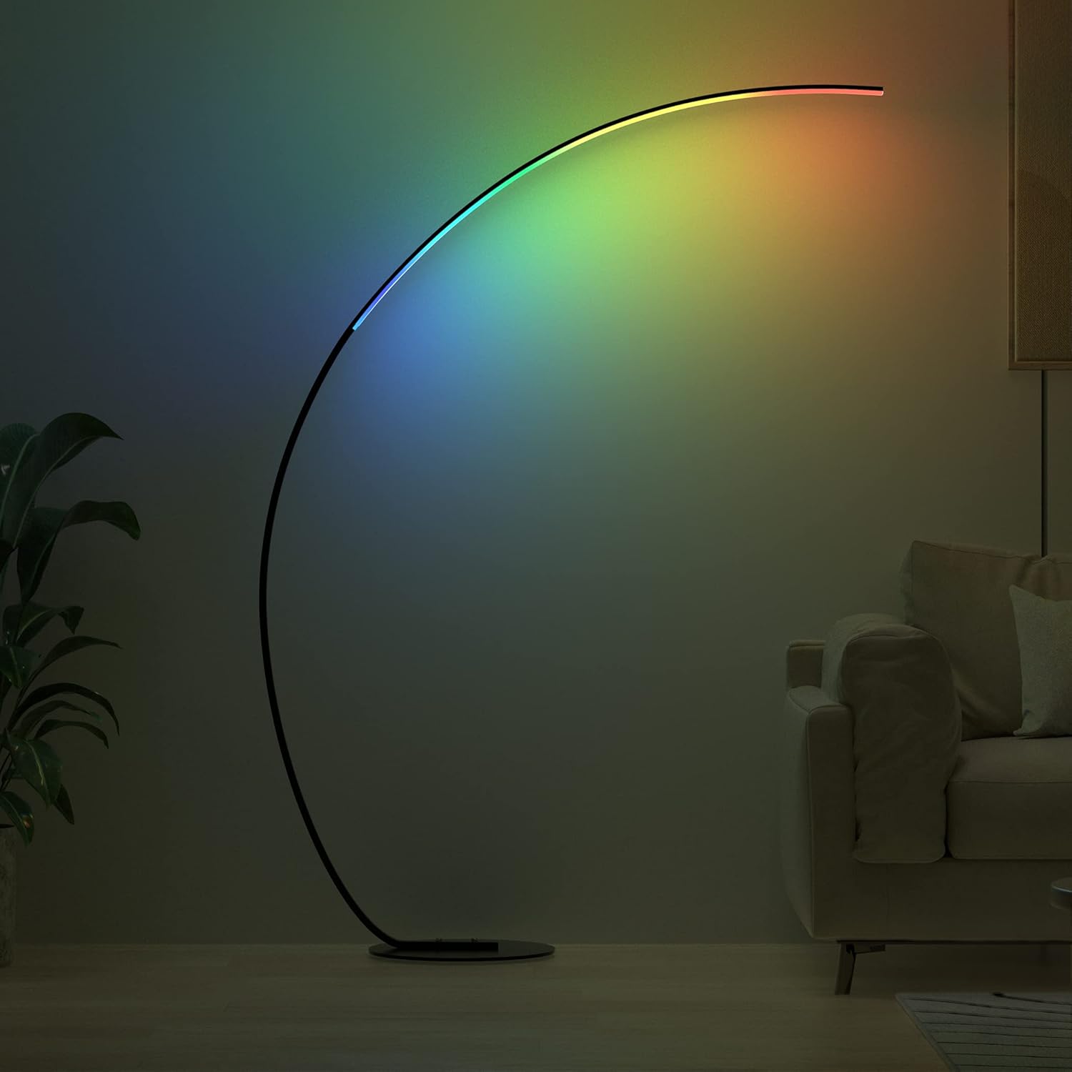 E.P. Light RGBW Modern 69.99 inch Arched Standing Reading Floor Lamp with Remote - Dimmable Black Led Color Changing Curved Ambient Lighting for Bedroom and Living Room