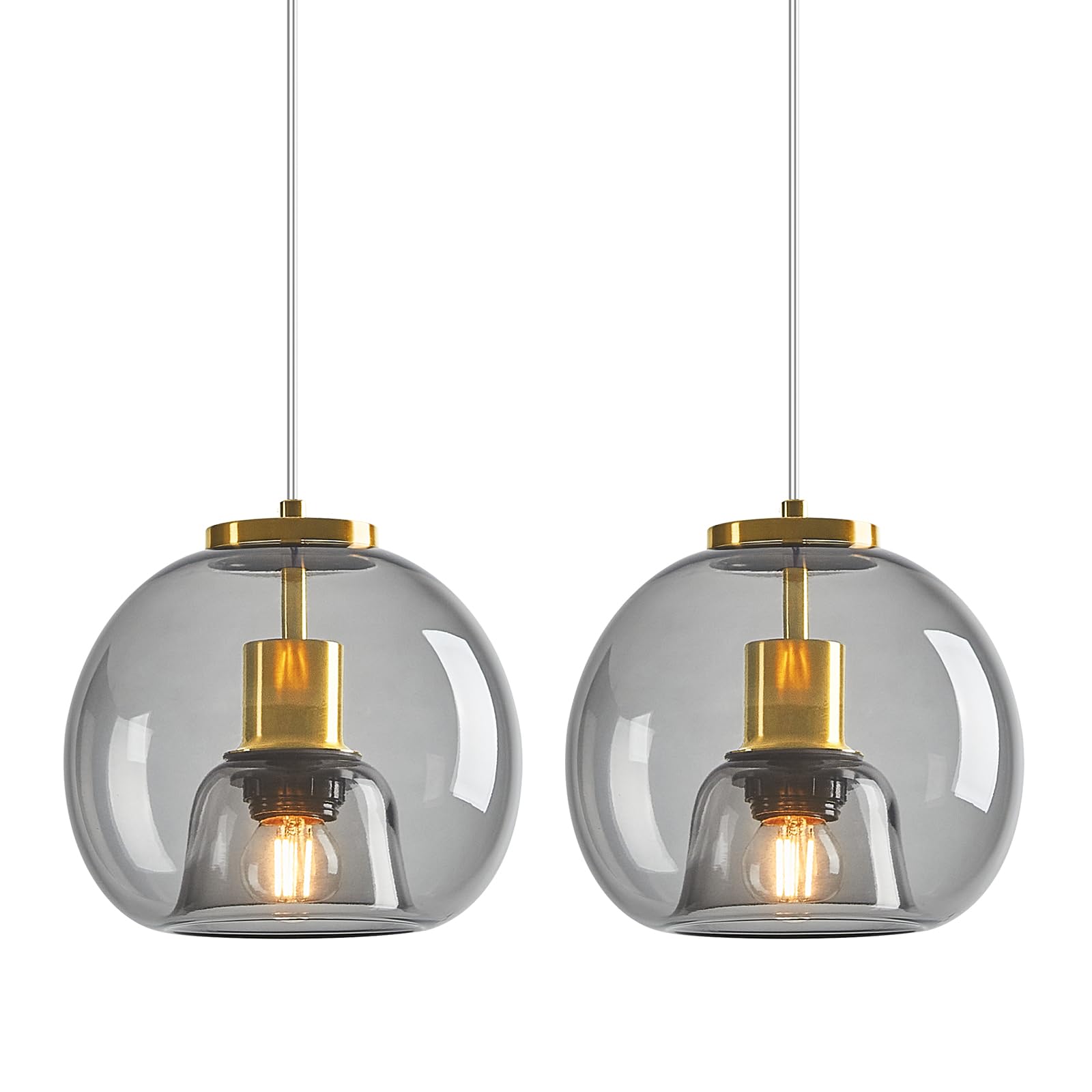 Mirror Smoke Gray Glass Pendant Lights Kitchen Island 2 Pack 7.87" Glass Globe Pendant Light Black Hanging Light Fixture Modern Pendant Lighting for Kitchen Island Bedroom Dining Room