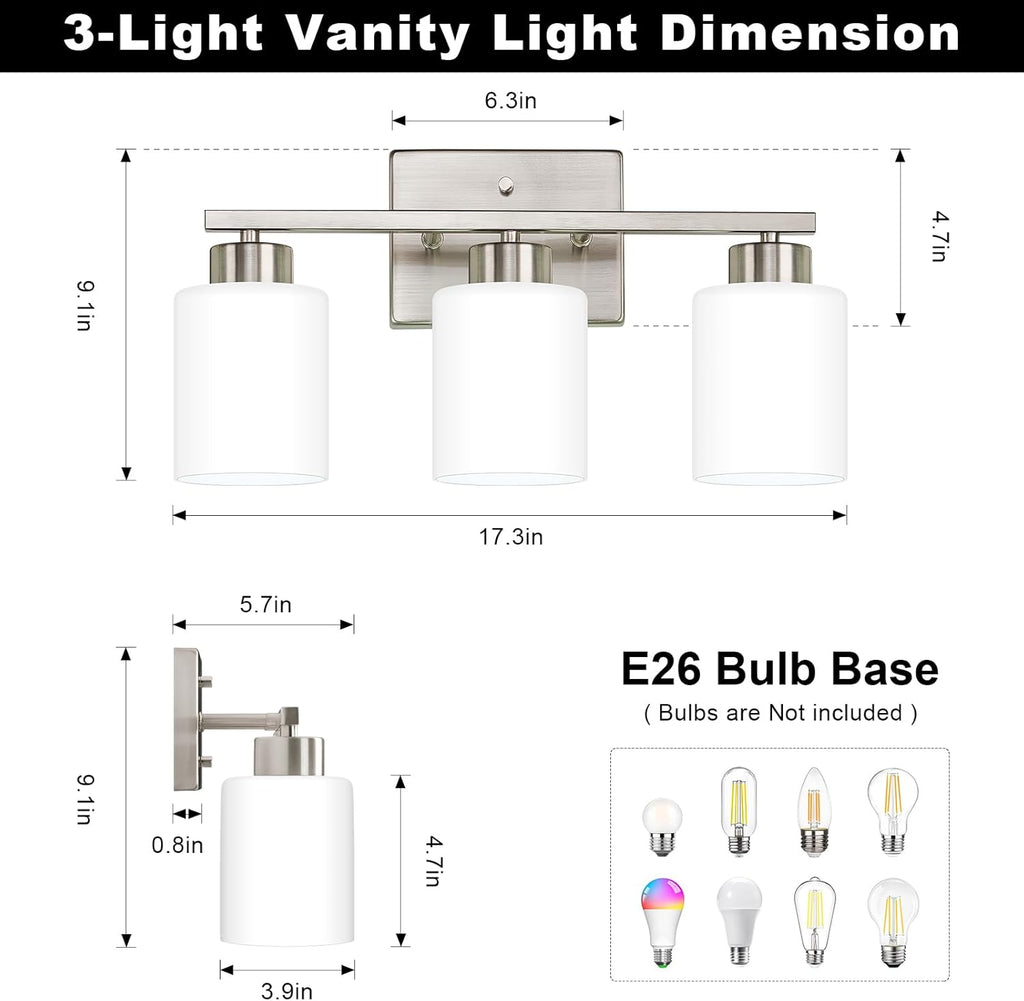 FonmYim Brushed Nickel Bathroom Light Fixtures, 3-Light Modern Vanity Light Over Mirror, Wall Sconces with Milky White Frosted Glass Shades, E26 Socket (Bulbs Not Included)