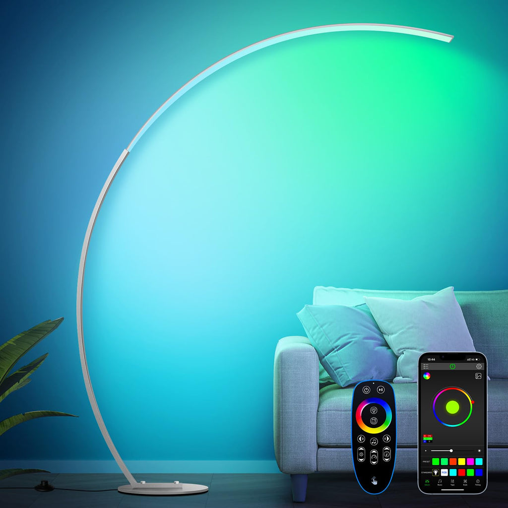 RGB Floor Lamp with 3 Color Temperatures, Ultra Bright 1800LM Smart Arc LED Floor Lamp with Remote Control, Music Sync, Scene Modes, Modern Standing Tall Lamp for Bedroom Living Room Gaming Rooms