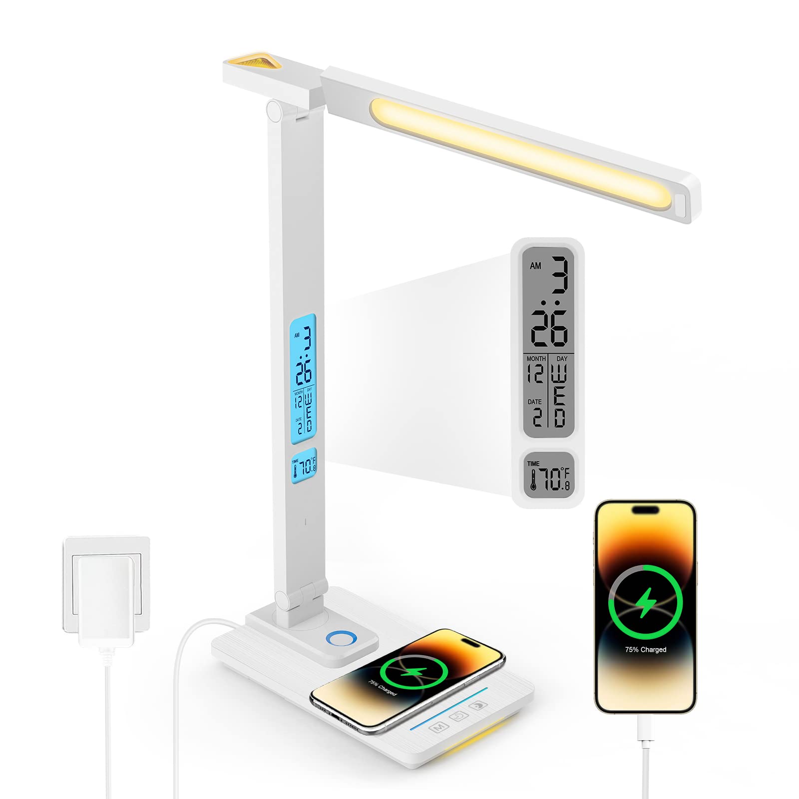 LAOPAO LED Desk Lamp with Wireless Charger: Desk Lamps for Home Office Bedroom, 5 Color Modes & Brightness Dimmable, 2 Night Light