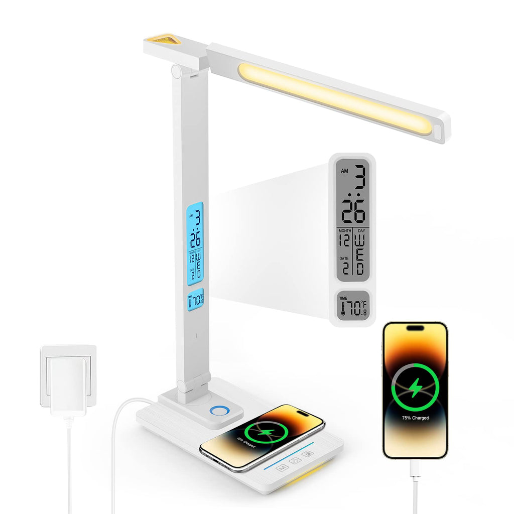 LAOPAO Desk Lamp with Wireless Charger: USB Charging Port, Table Lamp with Clock, Desk Lamps for Home Office College Dorm Room Essentials
