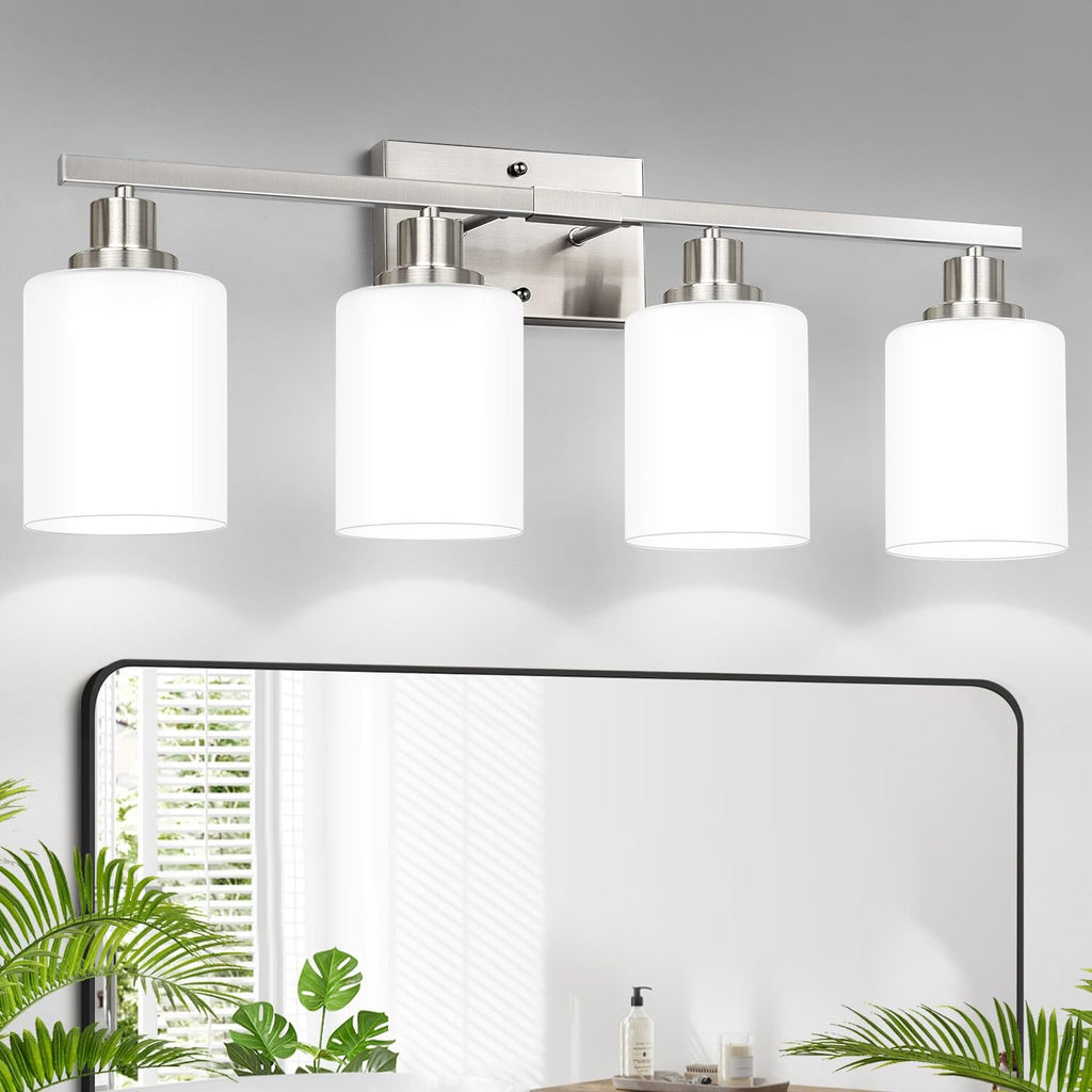 MOKATNG 4-Light Vanity Light with Milky White Shades, Brushed Nickel Bathroom Lighting Fixtures Over Mirror, Modern Bathroom Wall Lamp for Mirror Living Room Cabinet Bedroom