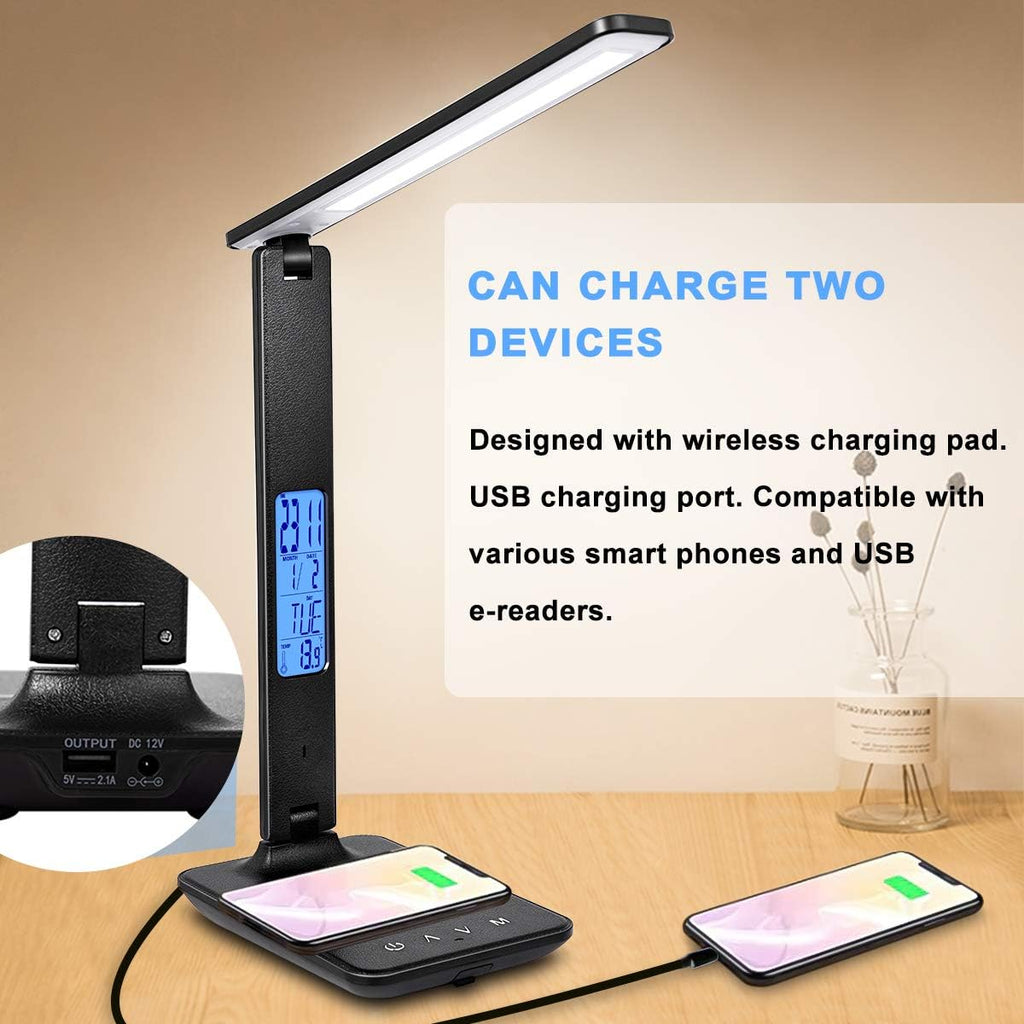 Dimmable LED Desk Lamp with Wireless & USB Charging, Clock Calendar Thermometer for Home Office