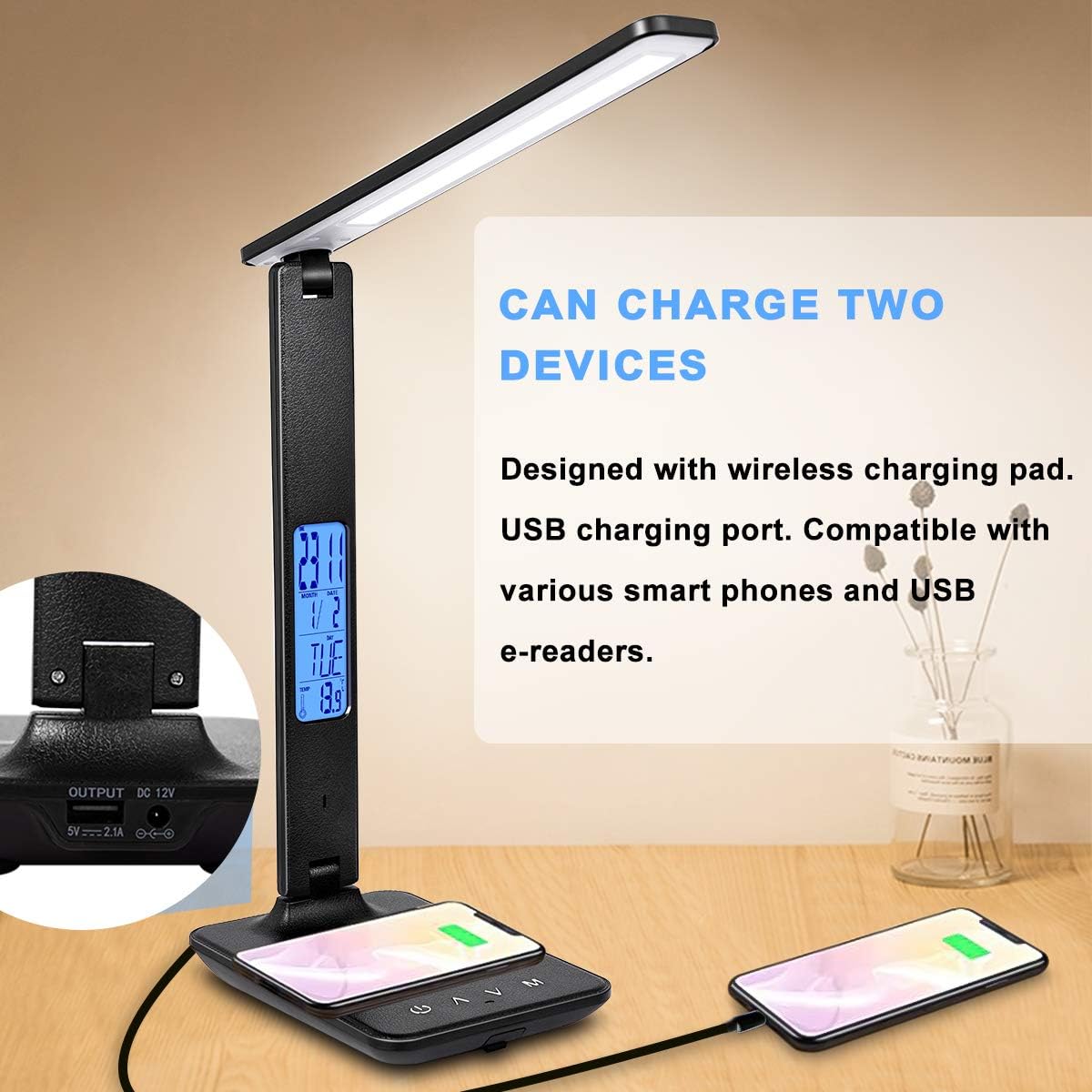 Dimmable LED Desk Lamp with Wireless & USB Charging, Clock Calendar Thermometer for Home Office