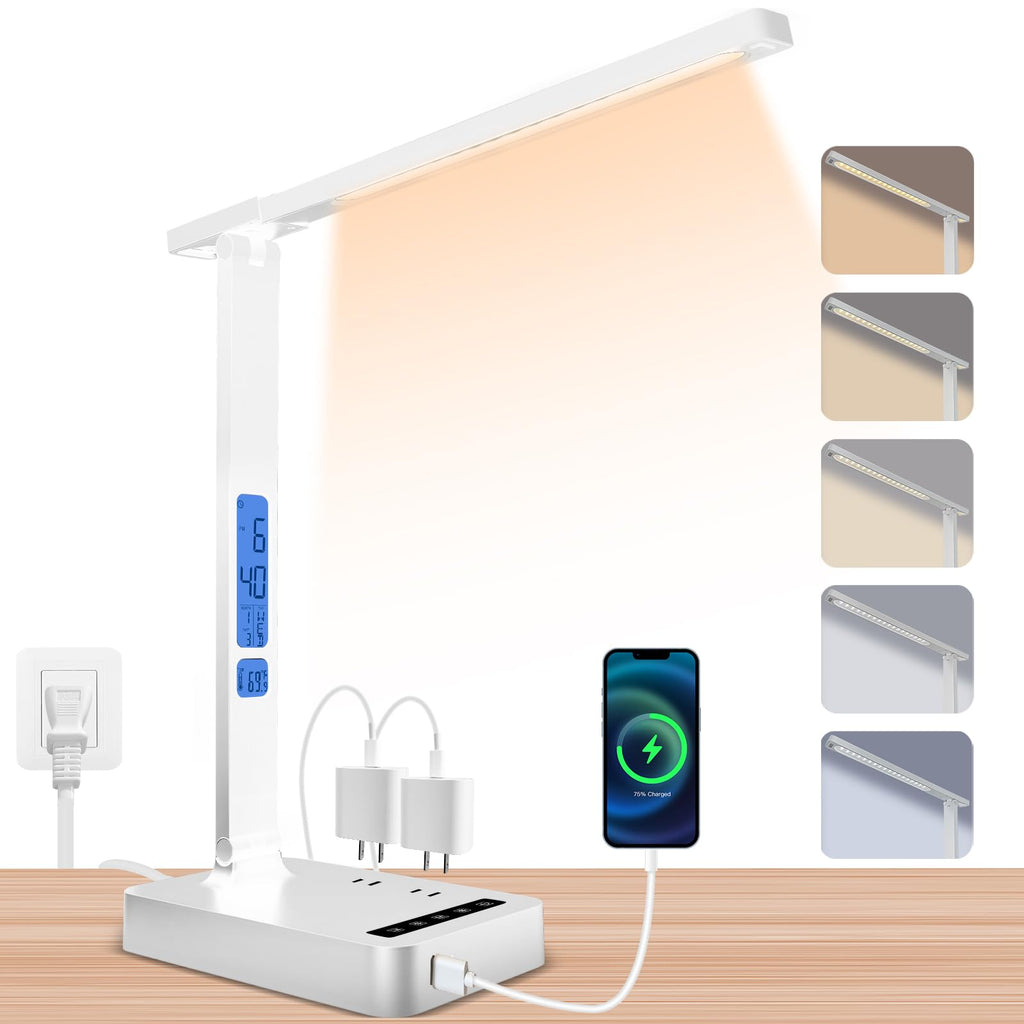 snsok Desk Lamp with Wireless Charger, USB Charging Port, Dimmable Office Desk Light with Clock, Alarm, Date, Temperature, Foldable Lamp for Table Bedroom Bedside Office (White)