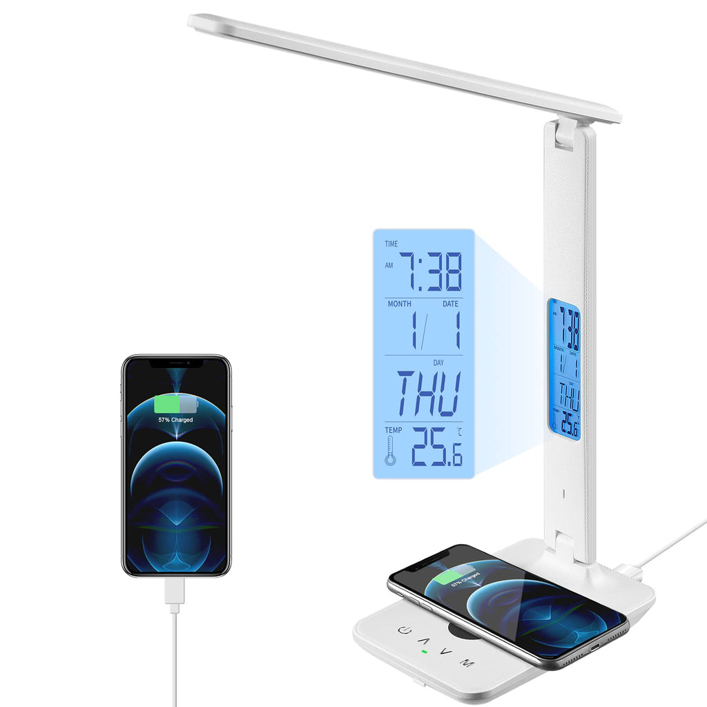 LED Desk Lamp with Wireless Charger, USB Charging Port, Table Lamp with Clock, Alarm, Date, Temperature, Desk Lamps for Home Office,Black