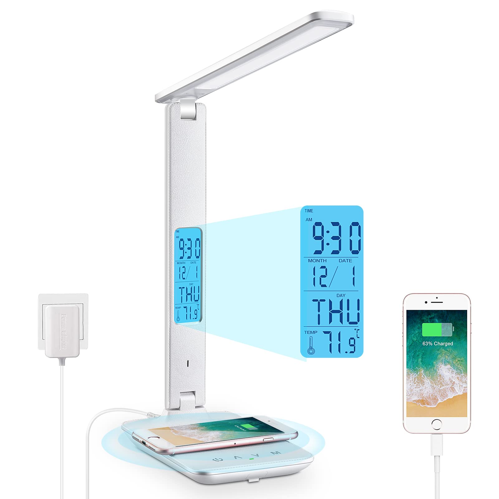 LAOPAO LED Desk Lamp with Wireless Charger: Desk Lamps for Home Office Bedroom, 5 Color Modes & Brightness Dimmable, 2 Night Light